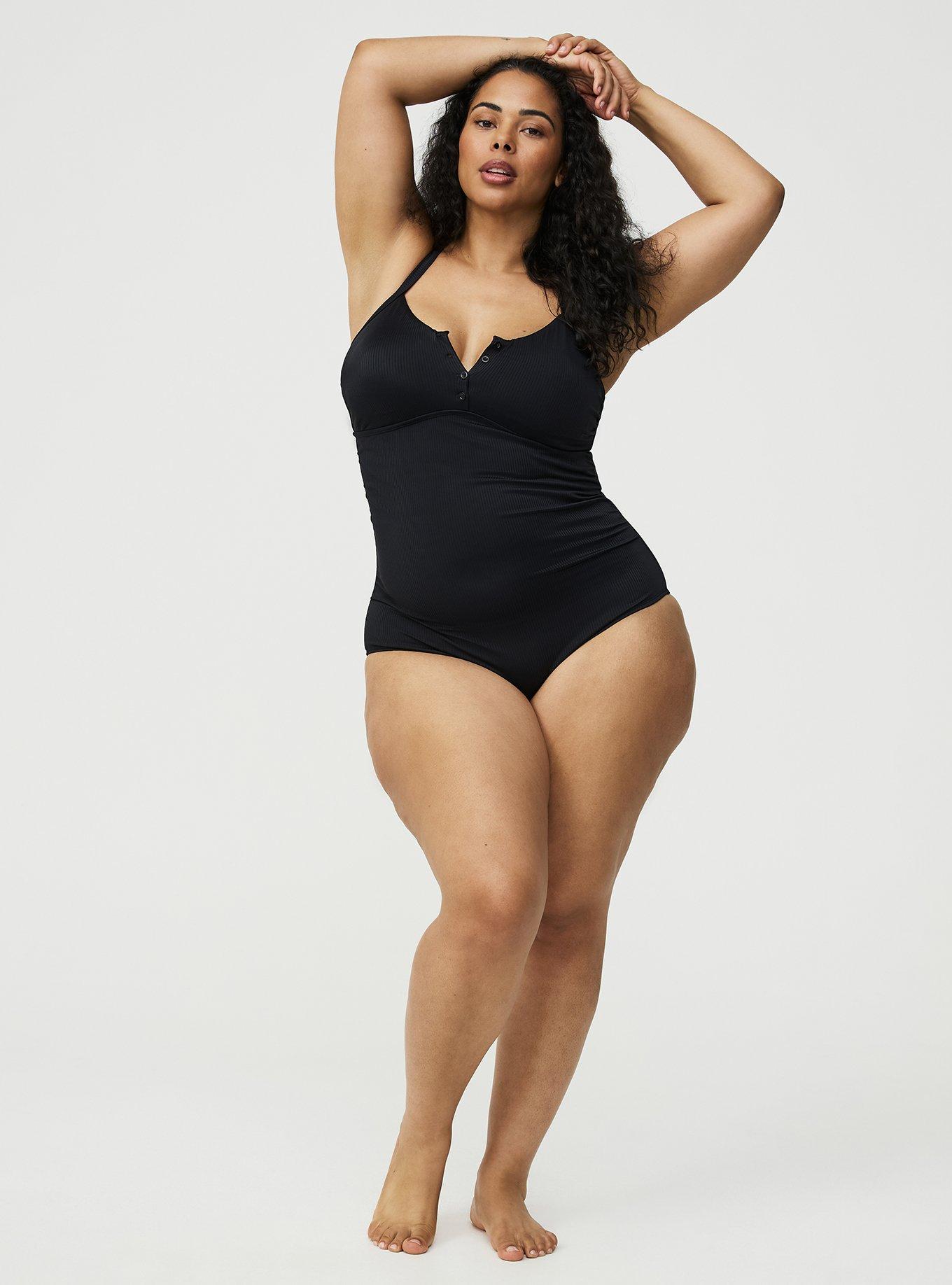 Wire-Free Button-Up One Piece Swimsuit, DEEP BLACK, hi-res