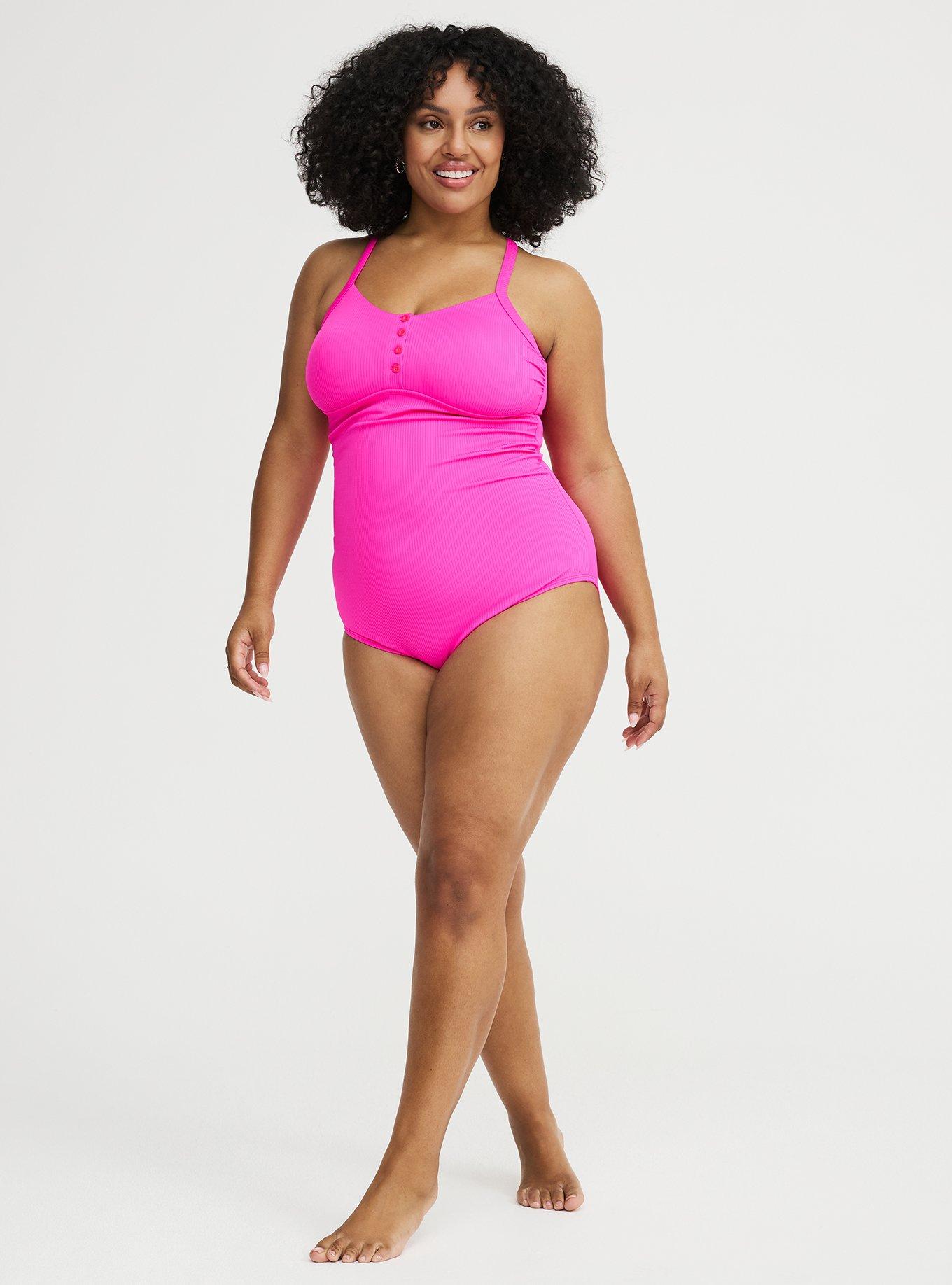 Wire-Free Button-Up One Piece Swimsuit, NEON PINK SWIM, alternate