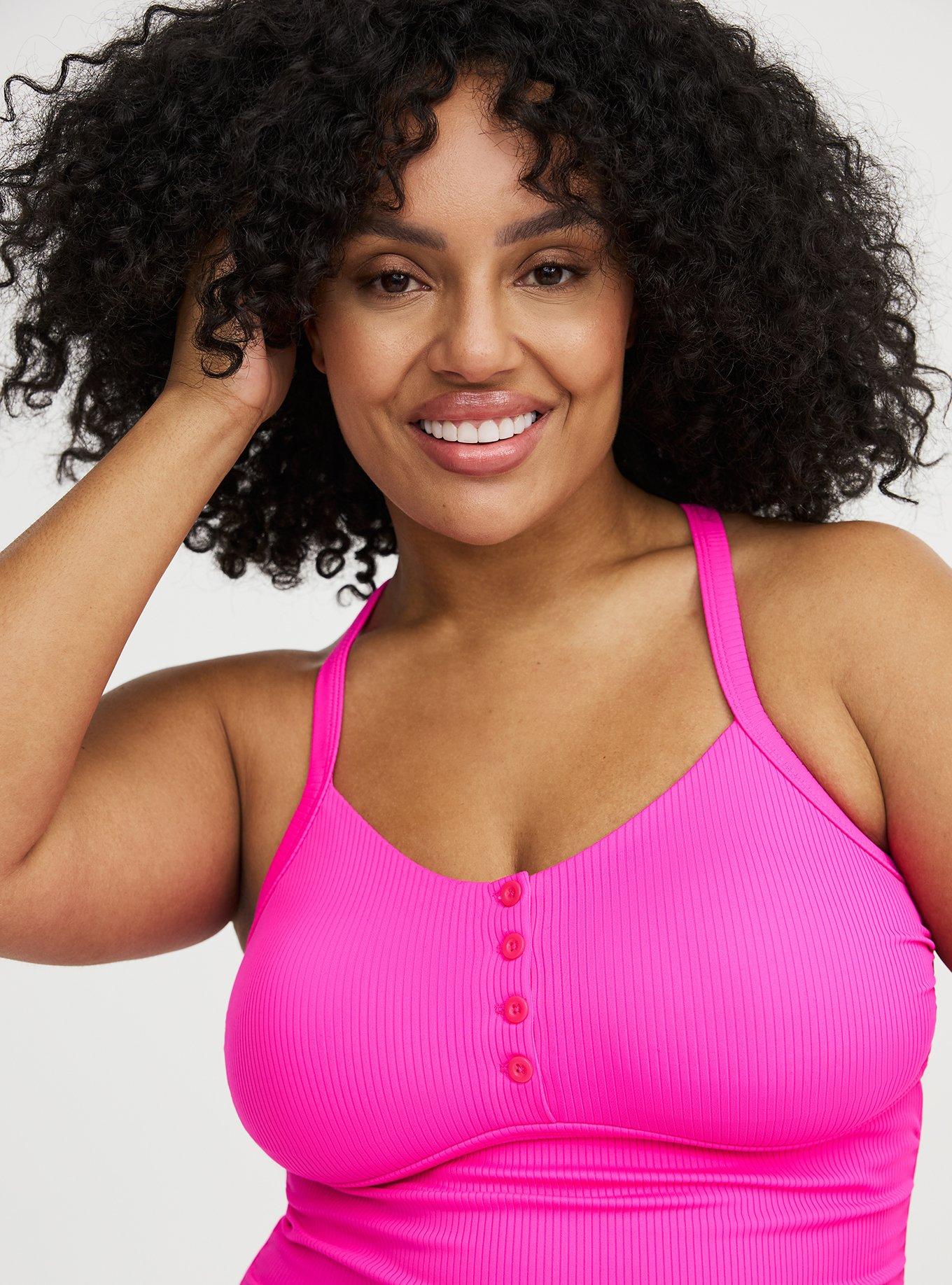 Wire-Free Button-Up One Piece Swimsuit, NEON PINK SWIM, alternate