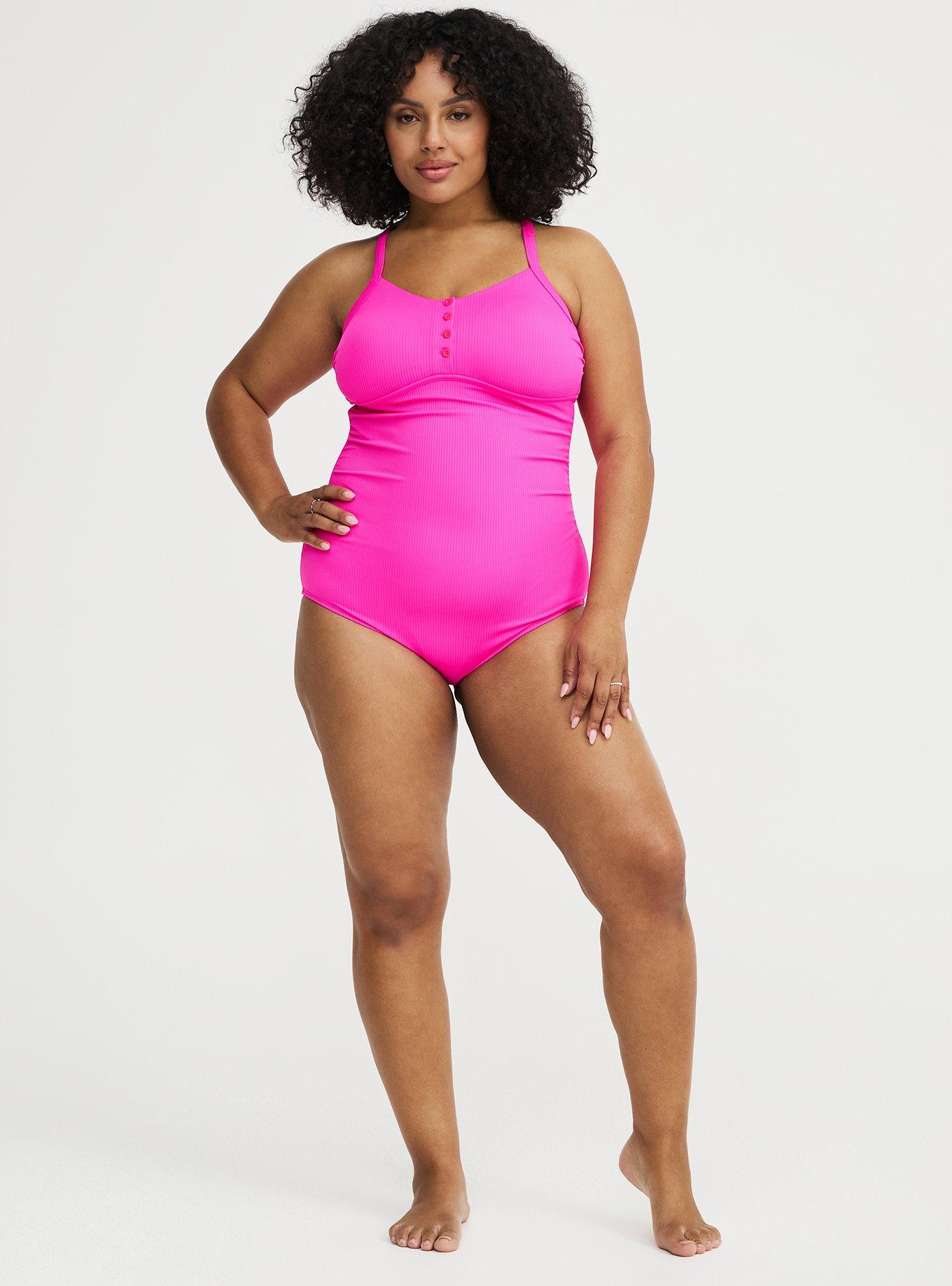 Wire-Free Button-Up One Piece Swimsuit, NEON PINK SWIM, alternate