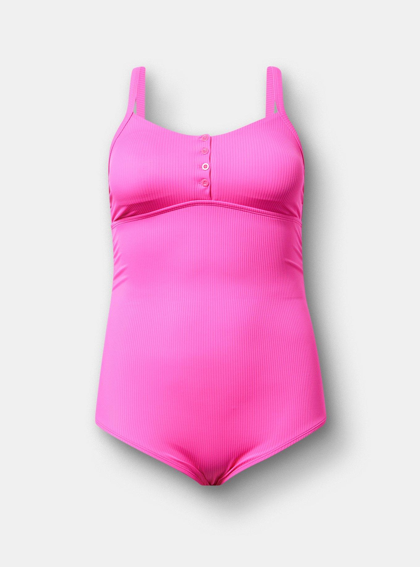 Wire-Free Button-Up One Piece Swimsuit, NEON PINK SWIM, hi-res