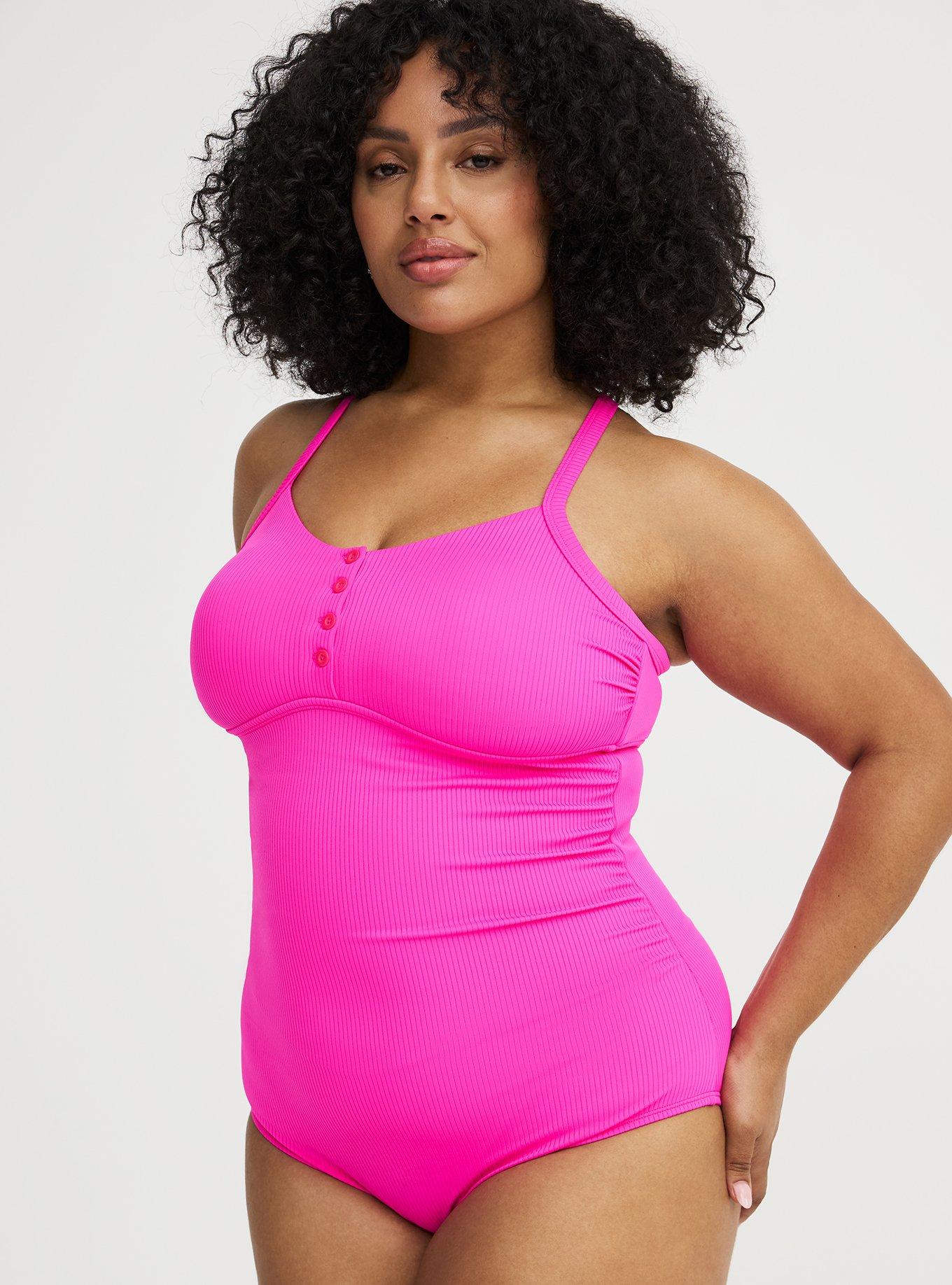 Wire-Free Button-Up One Piece Swimsuit, NEON PINK SWIM, hi-res