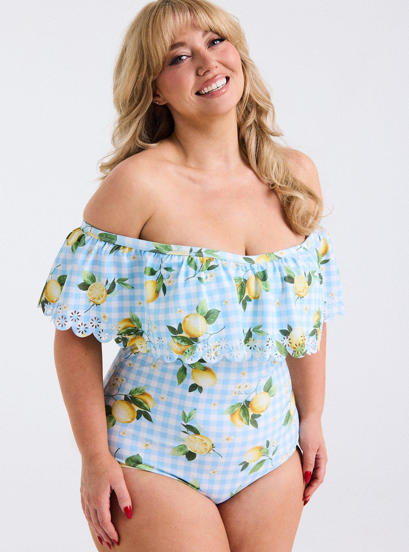 Retro Chic Off-Shoulder Cutout One Piece Swimsuit, COLLEEN LEMONS LIGHT BLUE PLAID, alternate