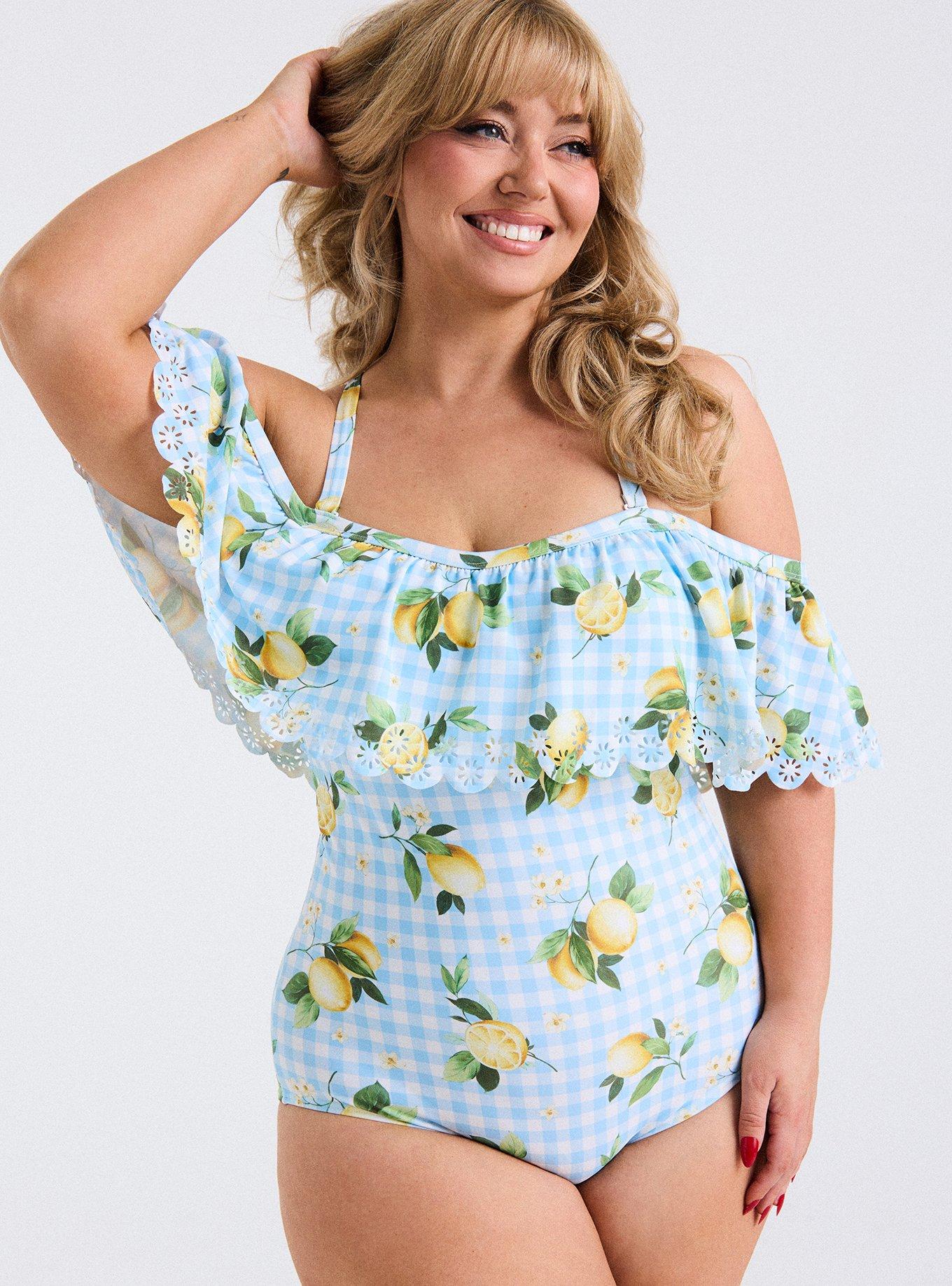 Retro Chic Off-Shoulder Cutout One Piece Swimsuit, COLLEEN LEMONS LIGHT BLUE PLAID, alternate