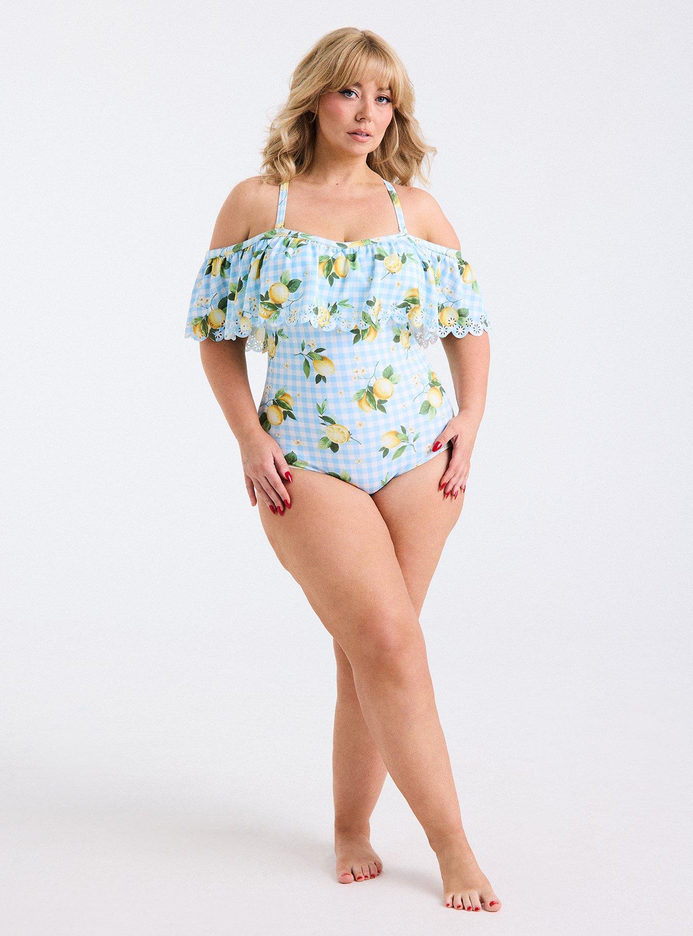 Retro Chic Off-Shoulder Cutout One Piece Swimsuit, COLLEEN LEMONS LIGHT BLUE PLAID, alternate