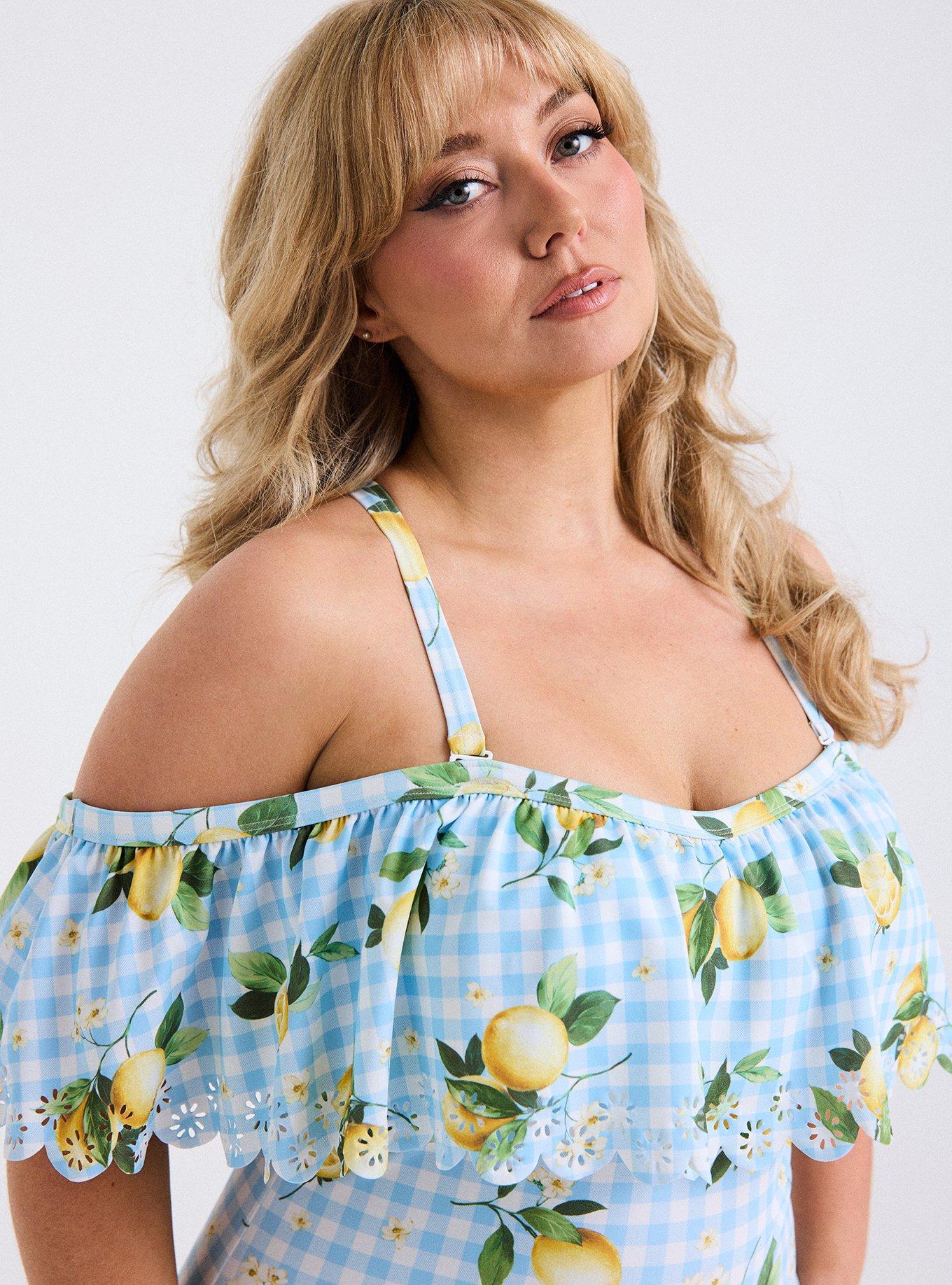 Retro Chic Off-Shoulder Cutout One Piece Swimsuit, COLLEEN LEMONS LIGHT BLUE PLAID, alternate
