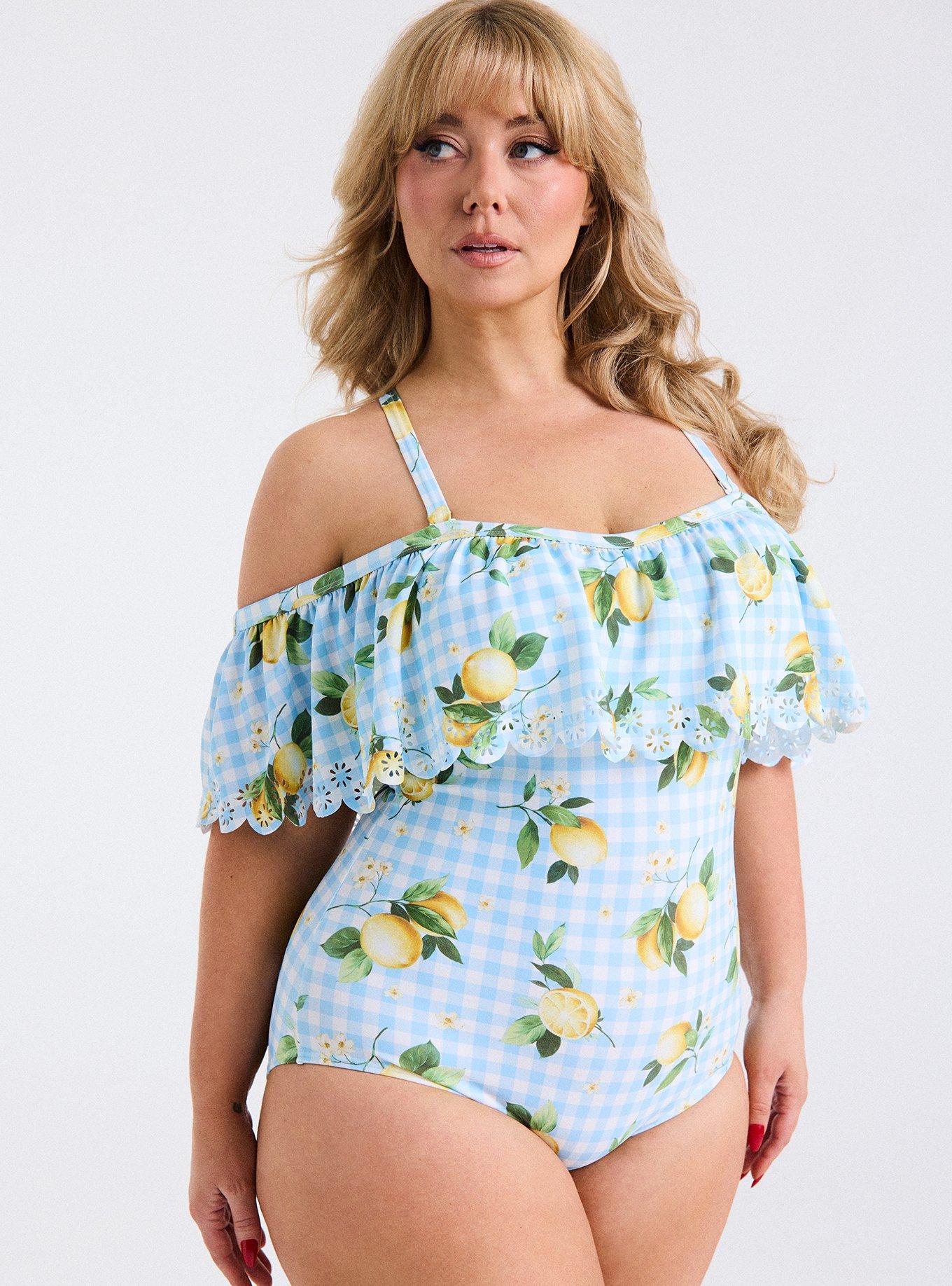 Retro Chic Off-Shoulder Cutout One Piece Swimsuit, COLLEEN LEMONS LIGHT BLUE PLAID, hi-res
