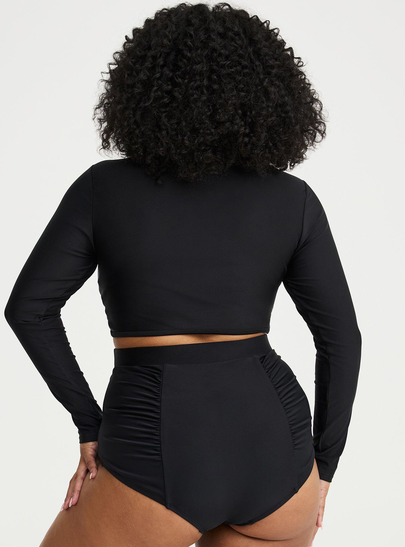 Plus Size Wire-Free O-Ring Long Sleeve Swim Top, DEEP BLACK, alternate