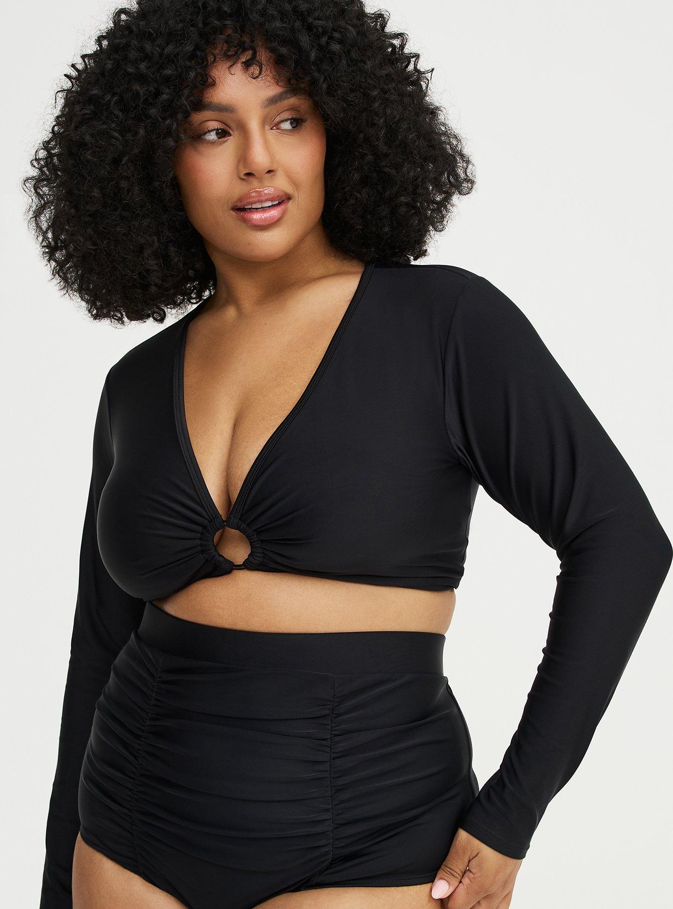 Plus Size Wire-Free O-Ring Long Sleeve Swim Top, DEEP BLACK, alternate