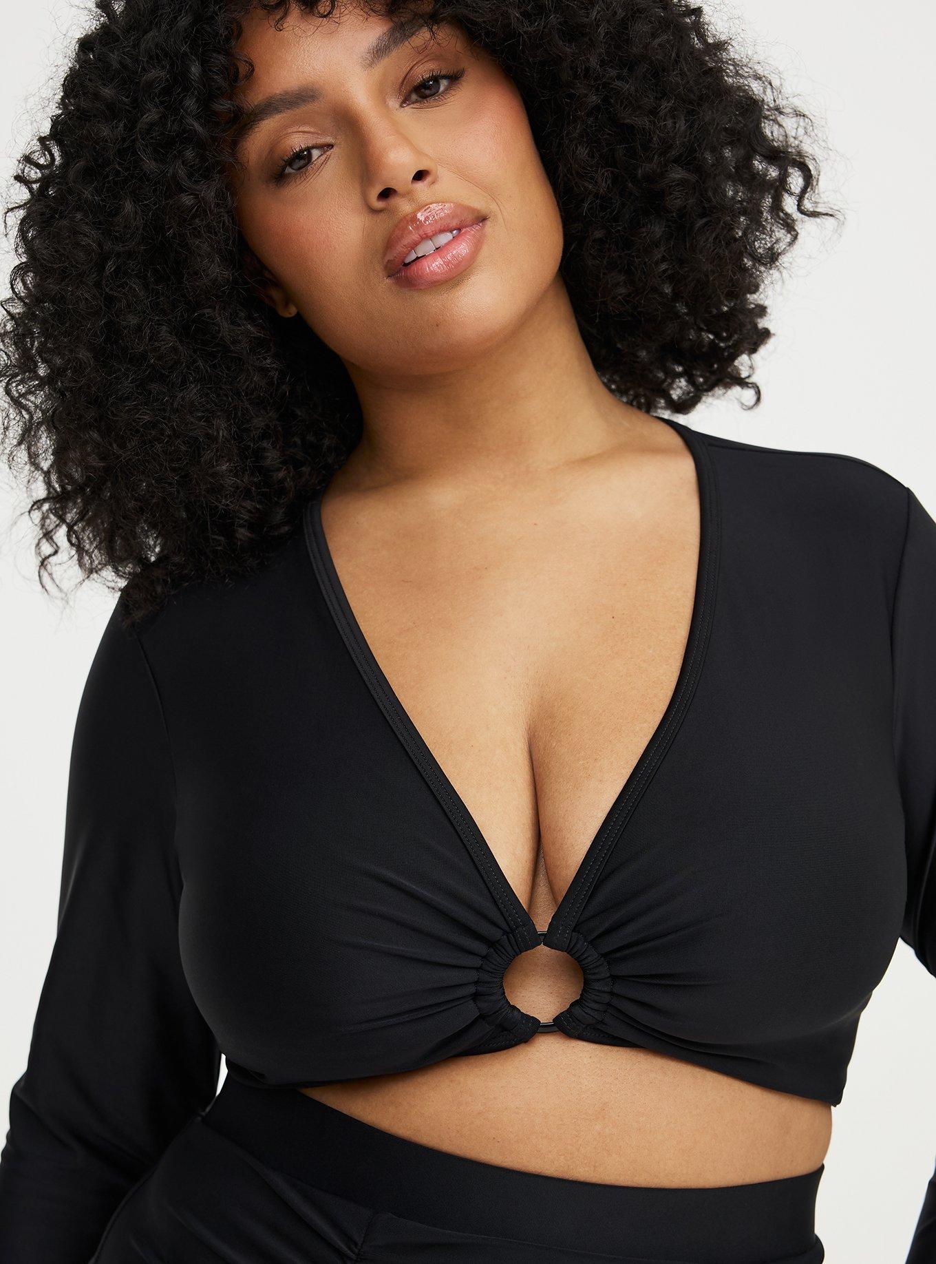 Plus Size Wire-Free O-Ring Long Sleeve Swim Top, DEEP BLACK, alternate
