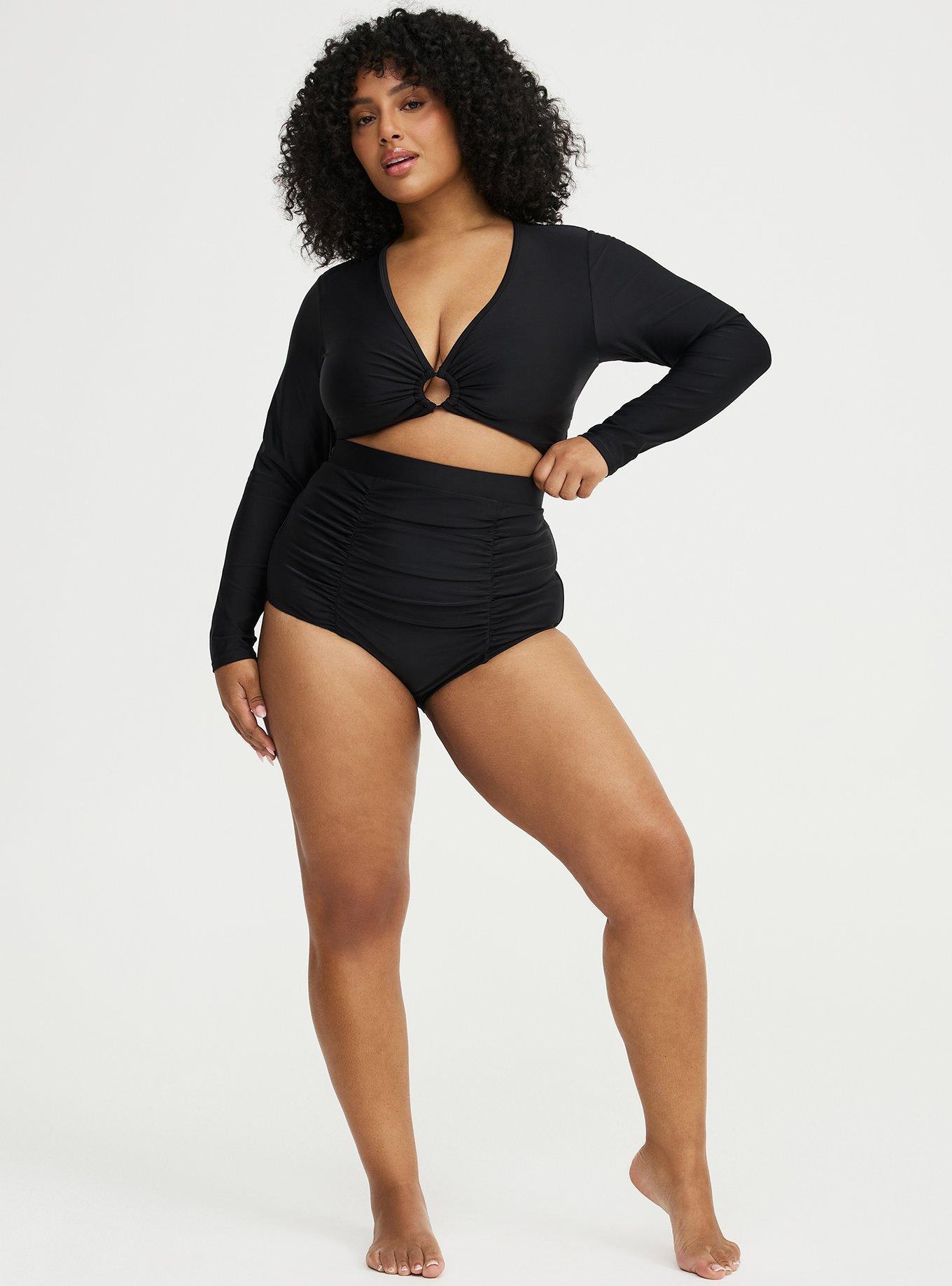 Plus Size Wire-Free O-Ring Long Sleeve Swim Top, DEEP BLACK, alternate