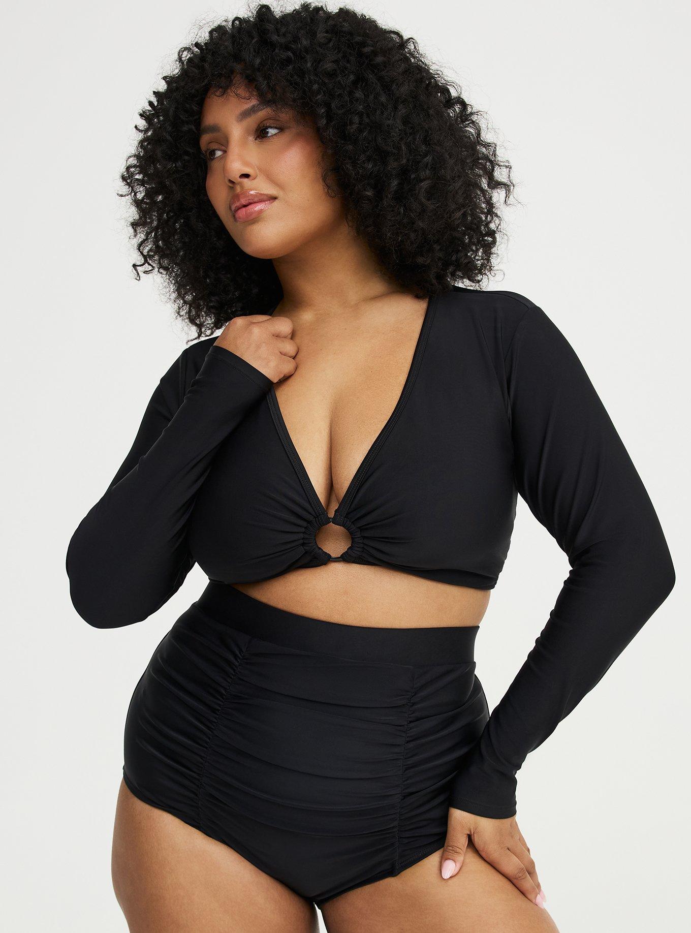 Wire-Free O-Ring Long Sleeve Swim Top, DEEP BLACK, hi-res