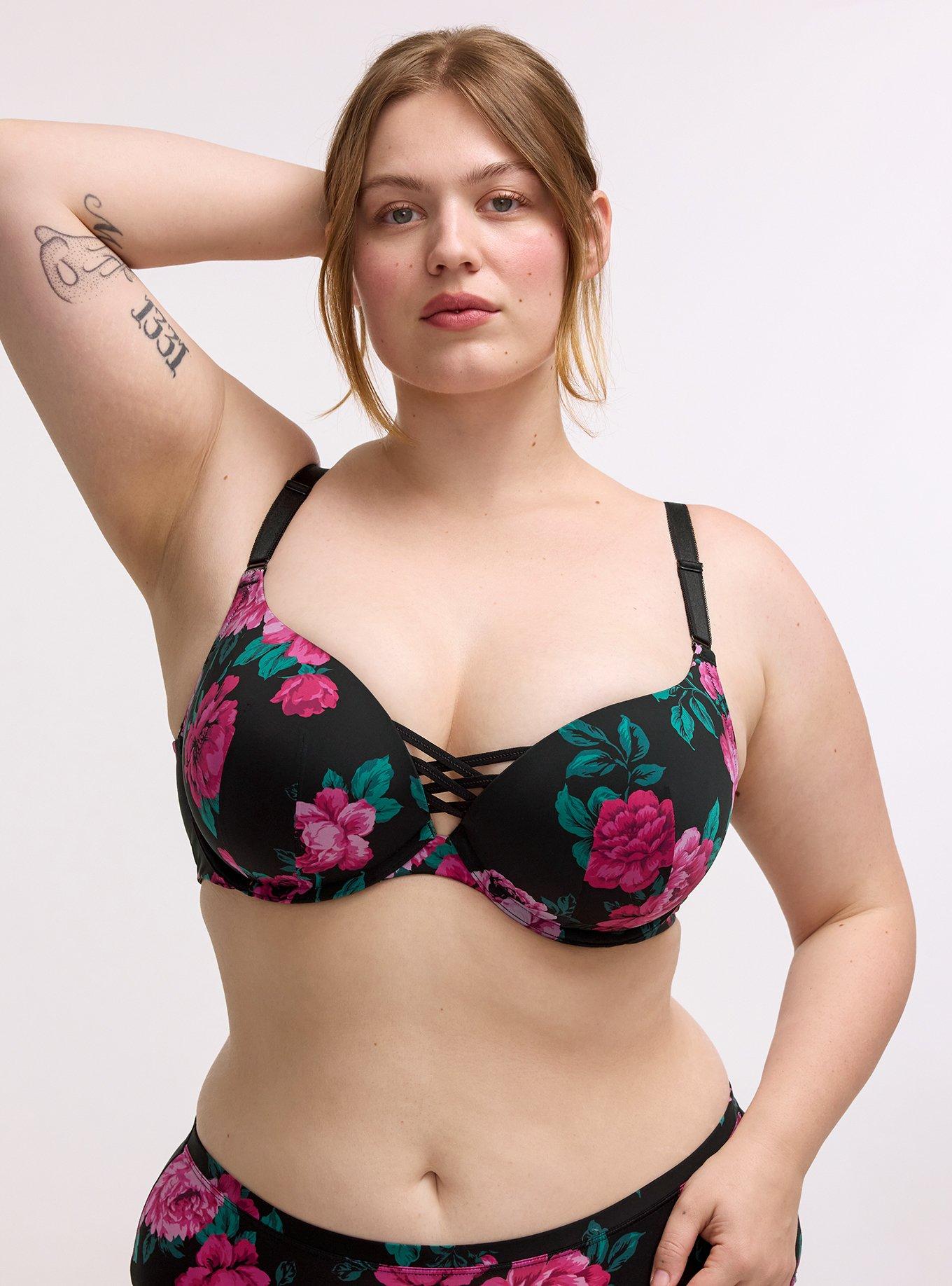 XO Plunge Push-Up Print 360&deg; Back Smoothing Bra, TRADITIONAL ROSES HOT PINK, hi-res