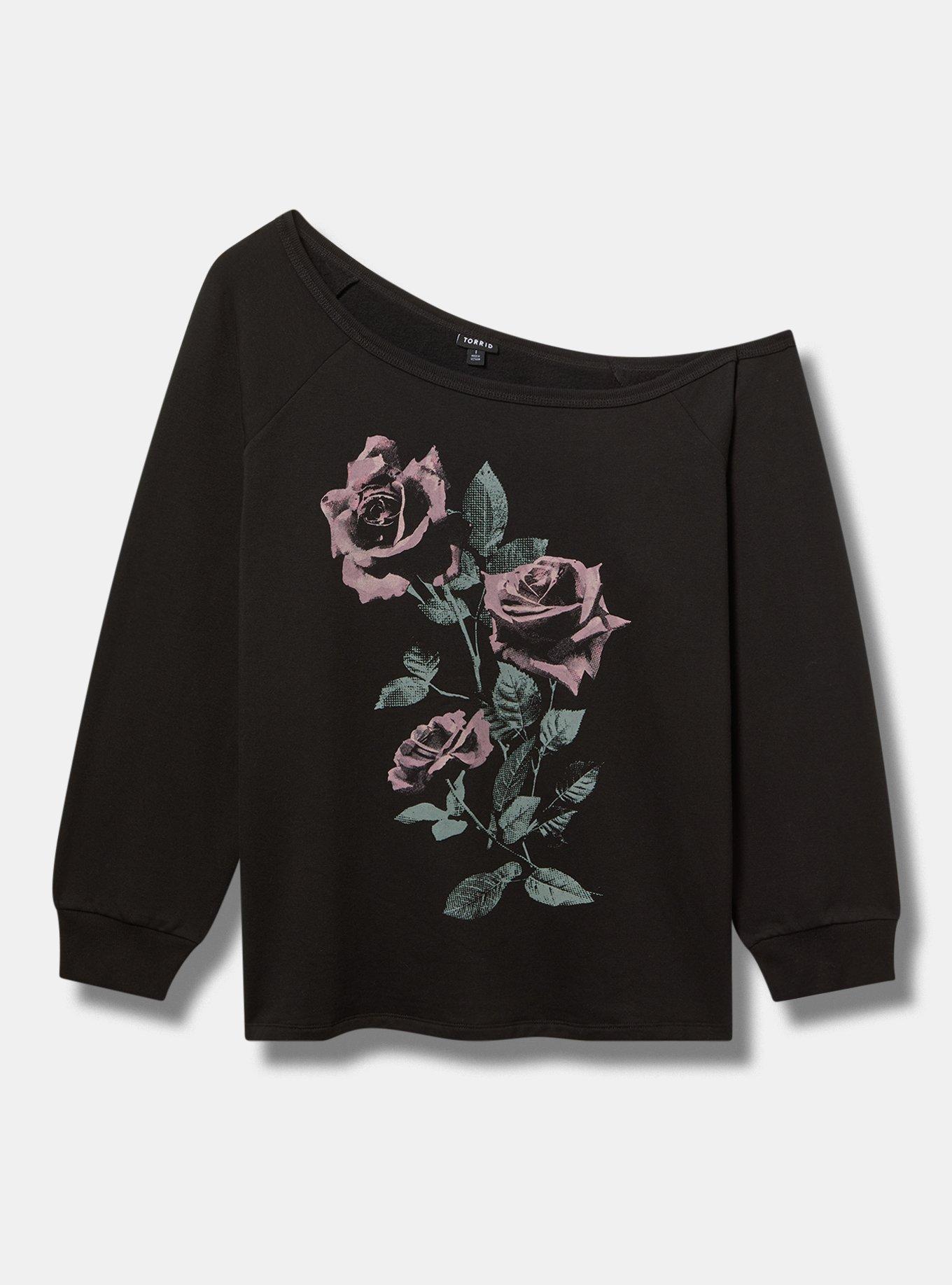 Roses Super Soft Fleece Relaxed Off-Shoulder Pullover