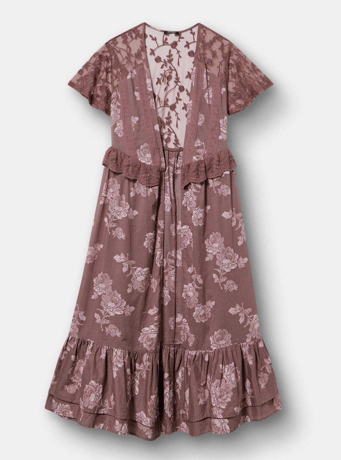 Gauze Maxi Kimono, FLOWER STAMPS FLORAL TAN, hi-res