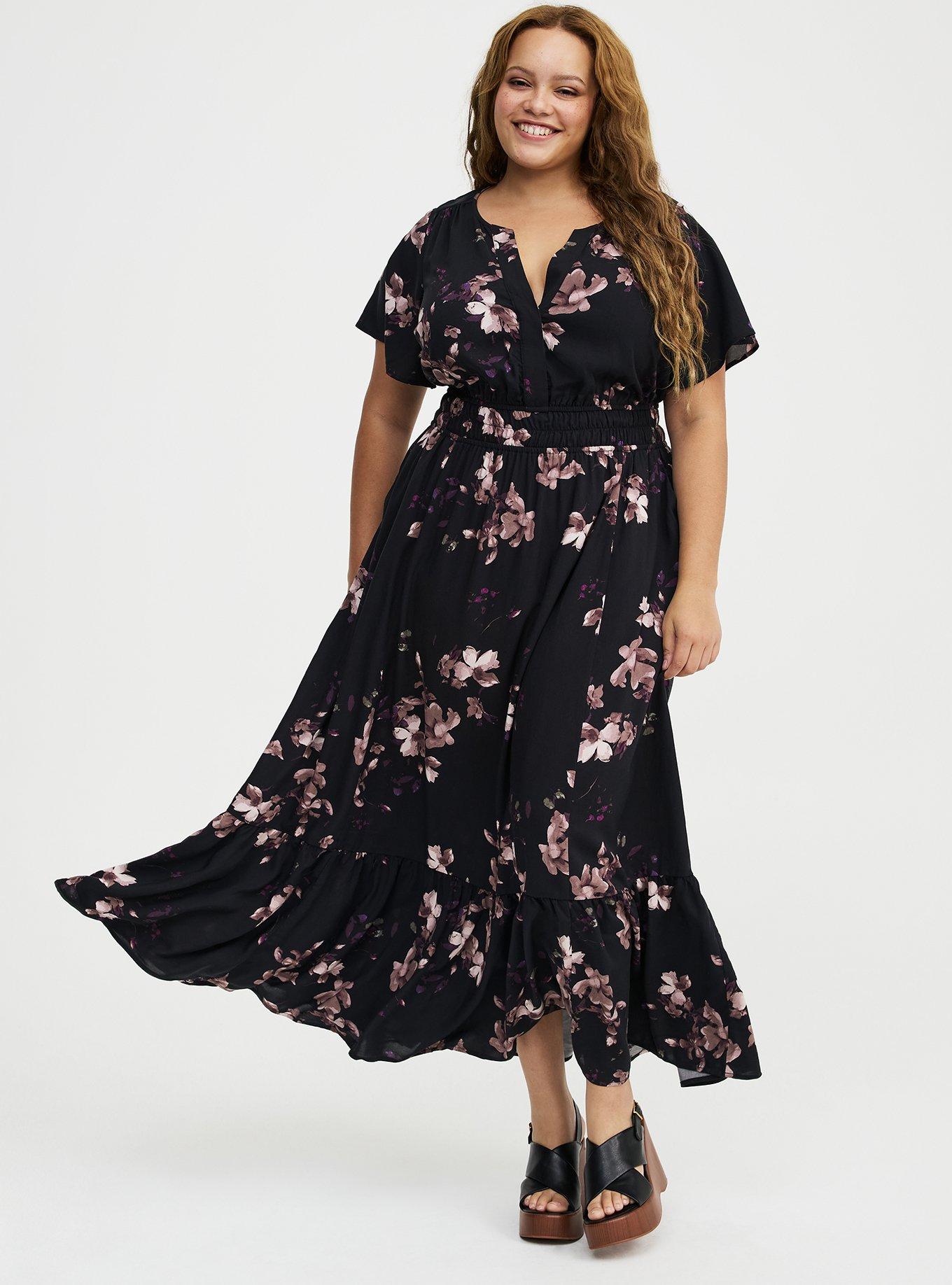 Y-Neck Smocked Waist Maxi Dress, MYSTERY FLORAL BLACK, hi-res