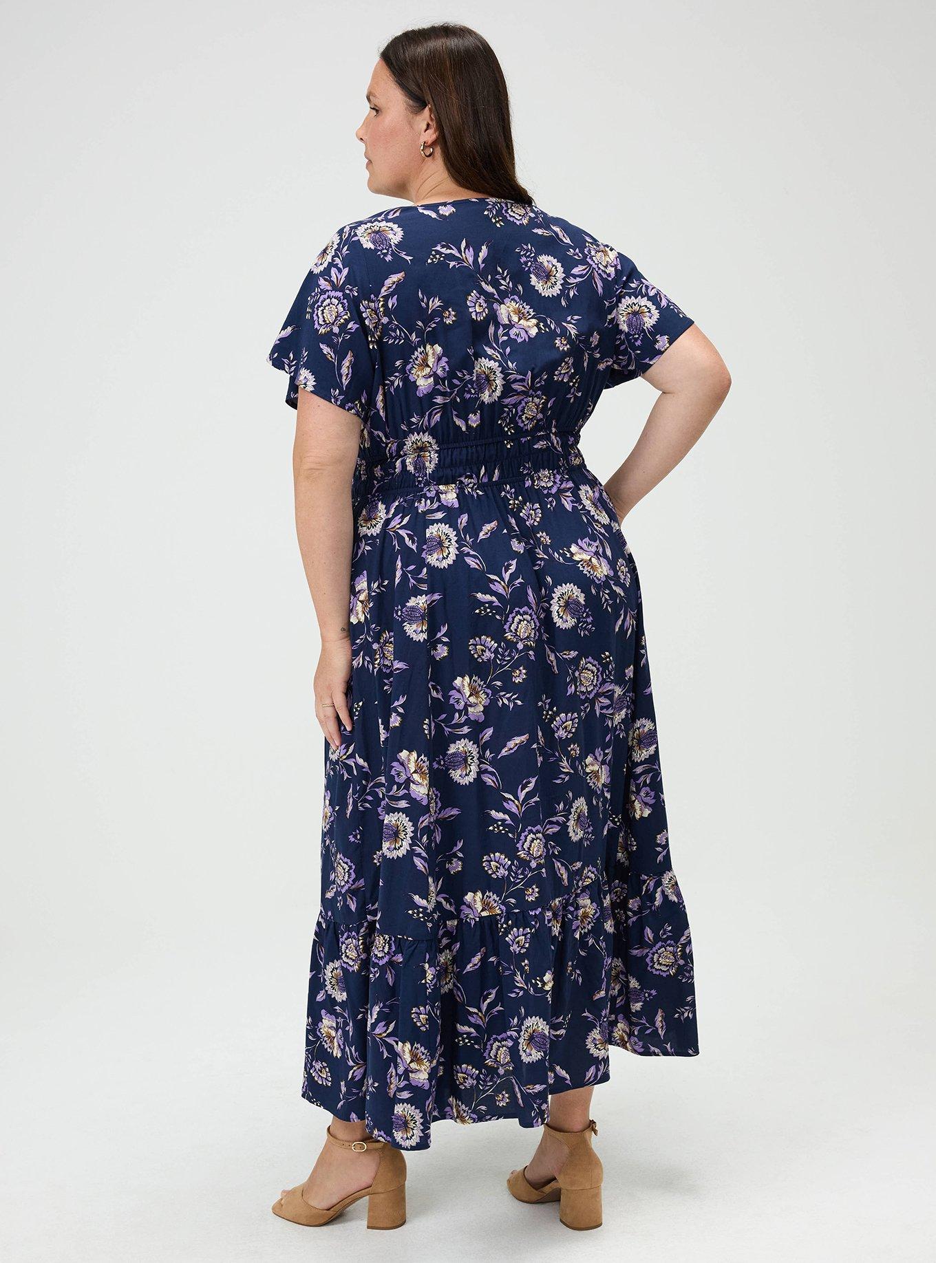 Plus Size Y-Neck Challis Maxi Dress, LANA JACOBEAN NAVY, alternate