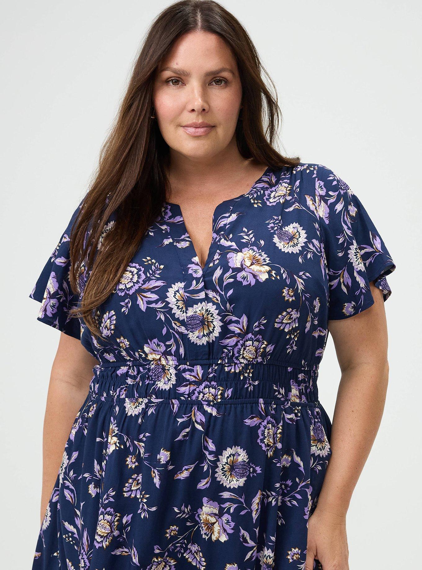 Plus Size Y-Neck Challis Maxi Dress, LANA JACOBEAN NAVY, alternate