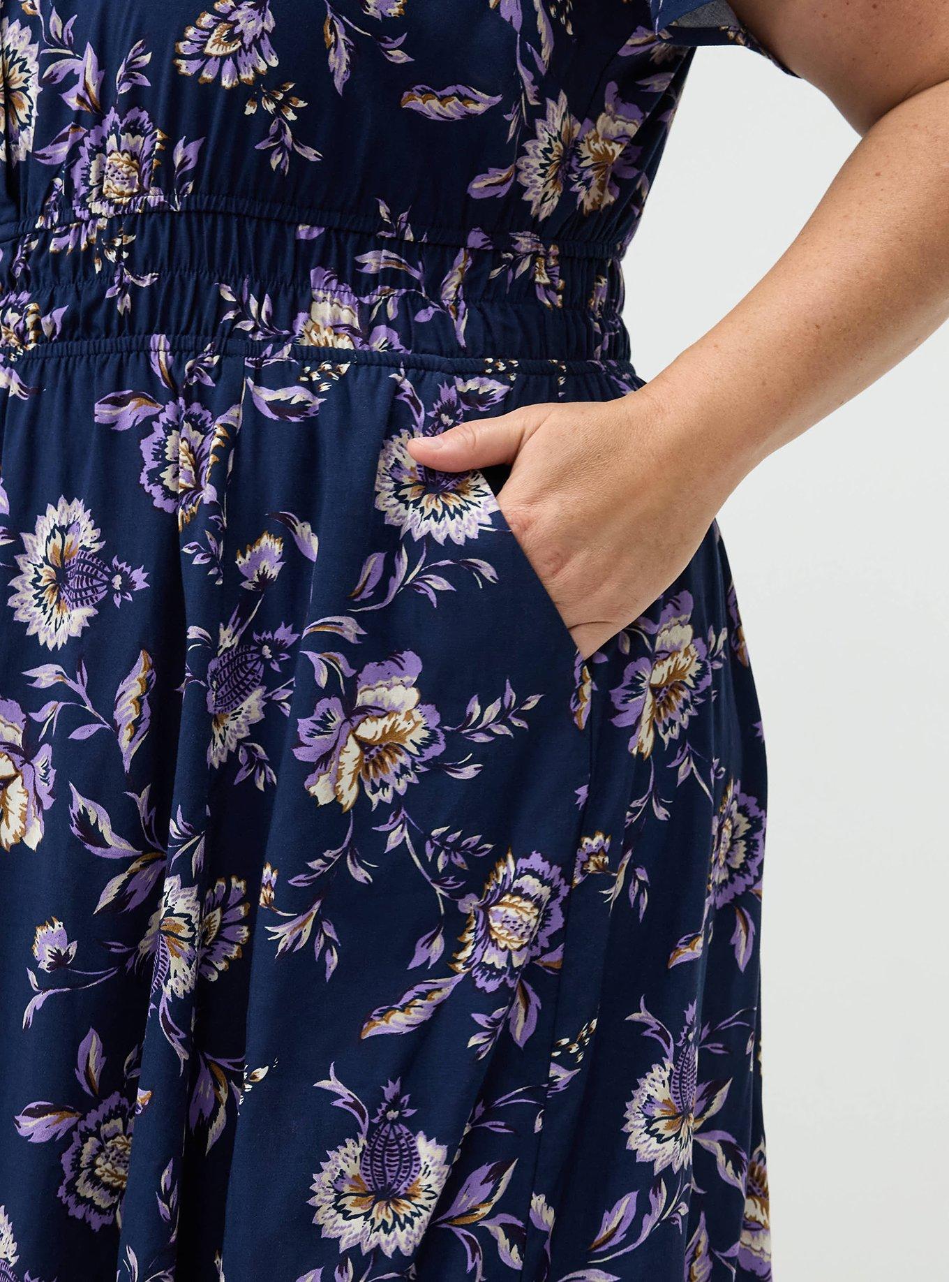 Plus Size Y-Neck Challis Maxi Dress, LANA JACOBEAN NAVY, alternate