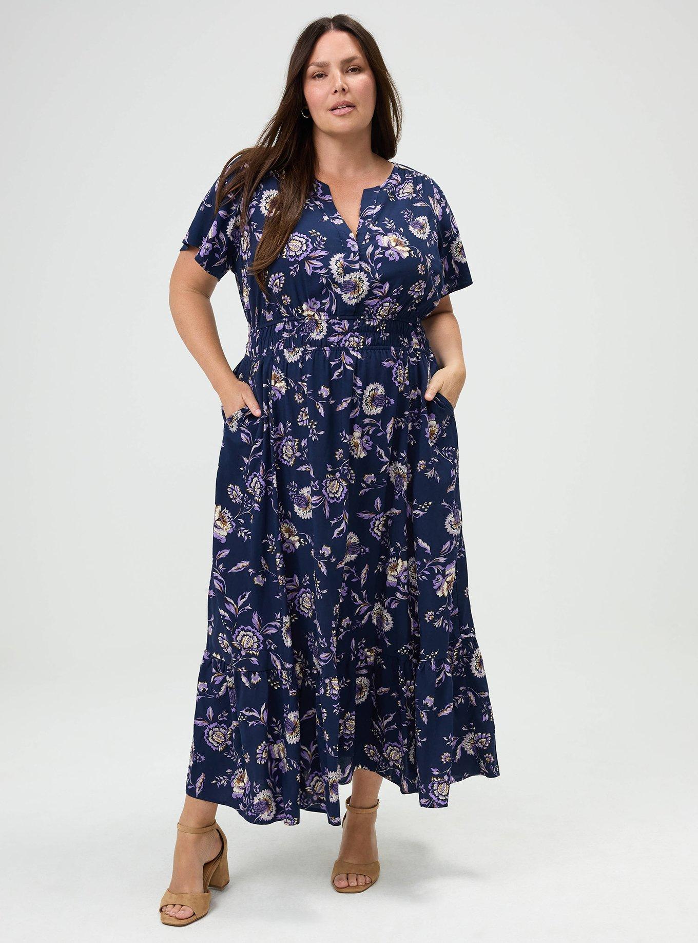 Plus Size Y-Neck Challis Maxi Dress, LANA JACOBEAN NAVY, hi-res