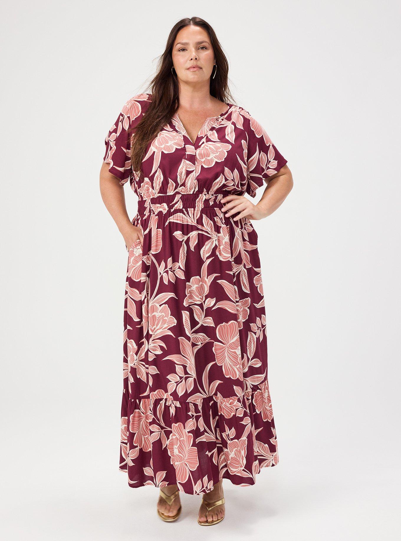 plus size flowy maxi dress Sandra Darren Printed Flutter-Sleeve This dress is the perfect way to stay comfortable and stylish throughout the season Beata - Crimson Reverie Ruffled