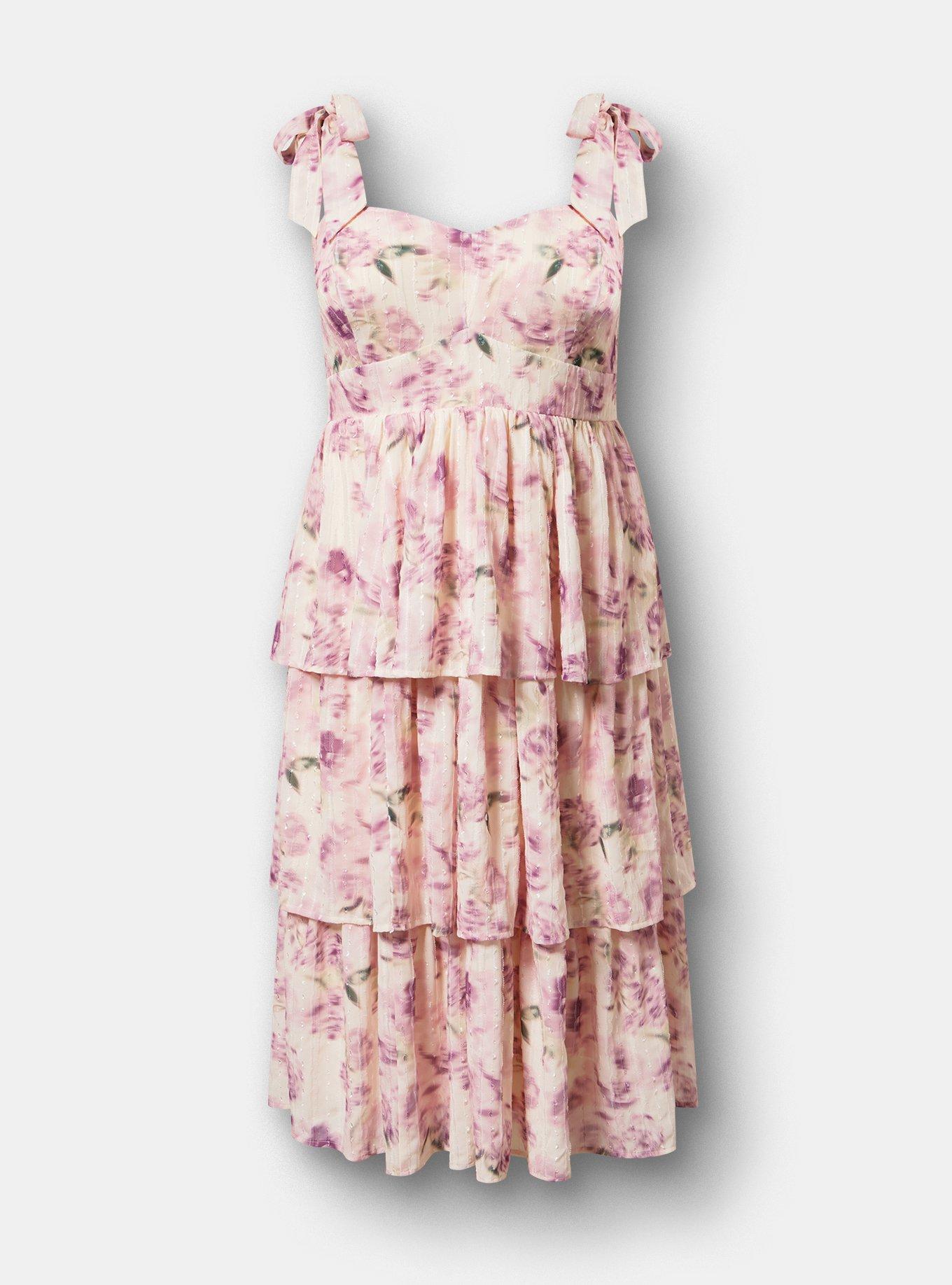 strapless open back dress Lisen midi, light pink chiffon midi dress with a floral print – ROSES LACE main image 1