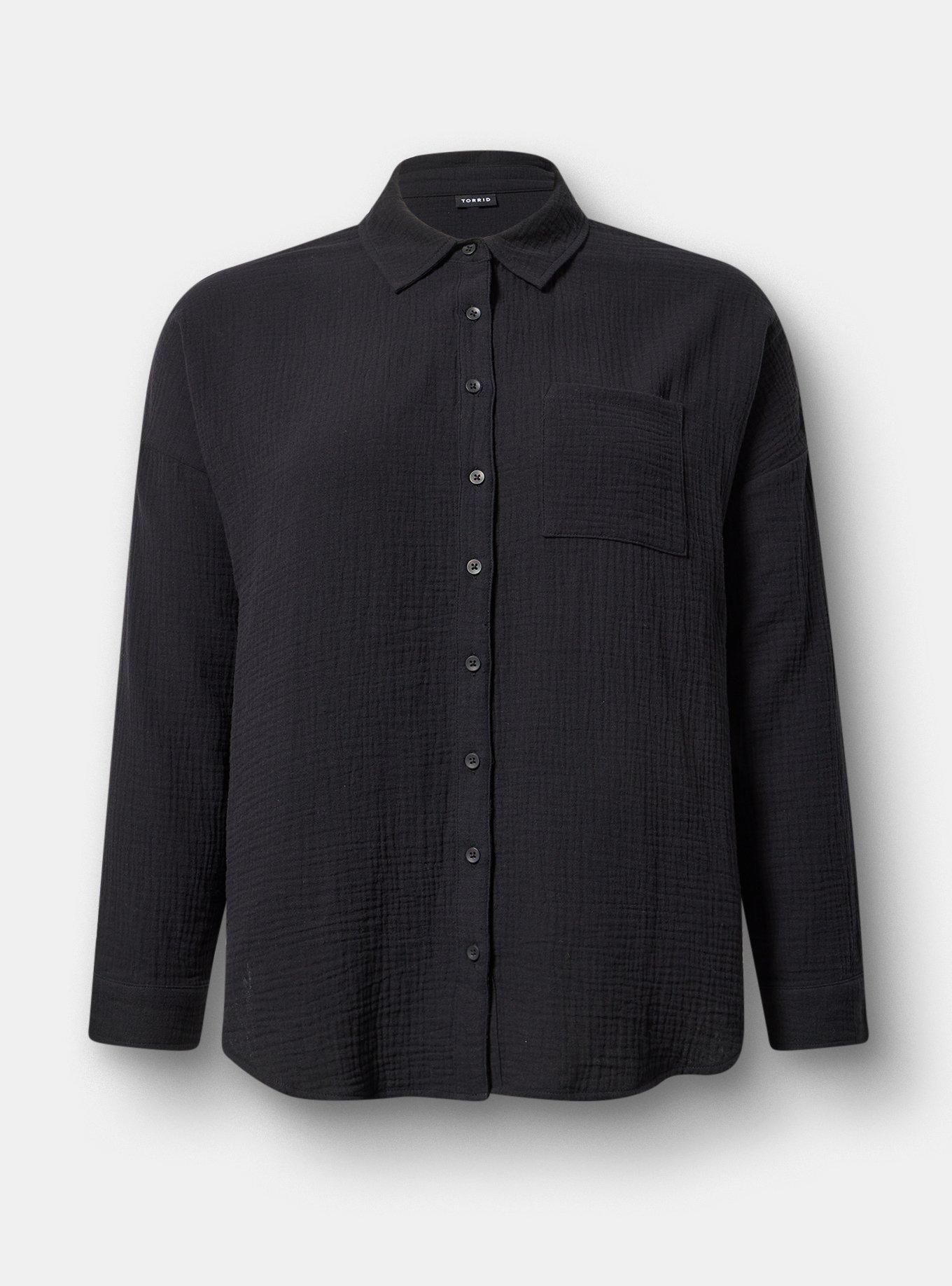 Cotton Gauze Drop Shoulder Shirt, DEEP BLACK, hi-res