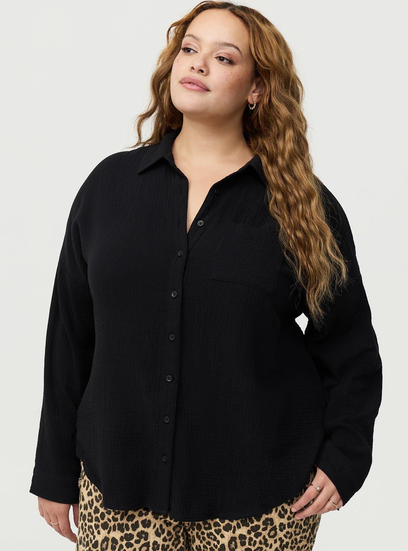 Cotton Gauze Drop Shoulder Shirt, DEEP BLACK, hi-res