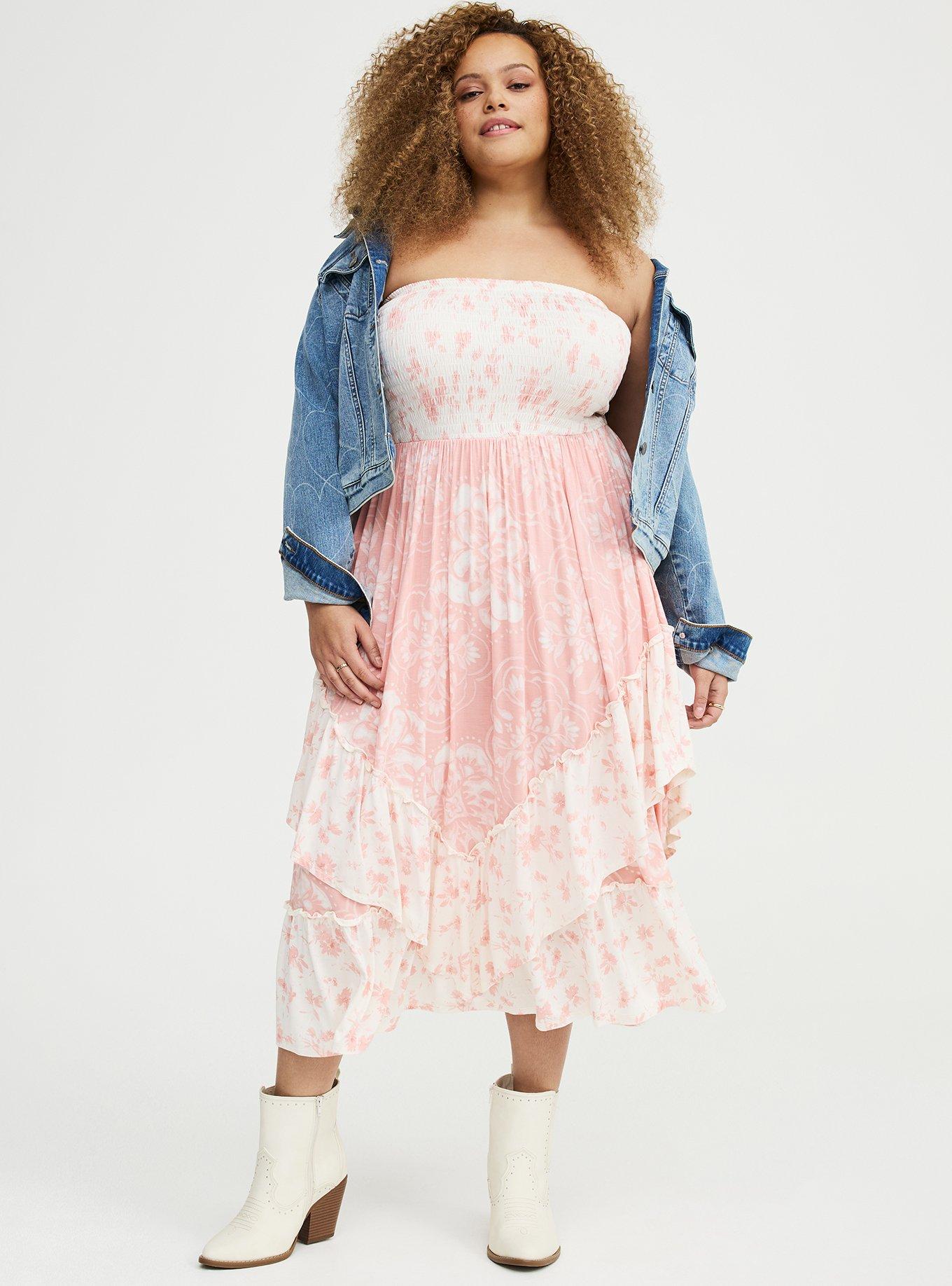 knee length dresses for ladies Smocked Tube Maxi Printed Woven Tiered Dress