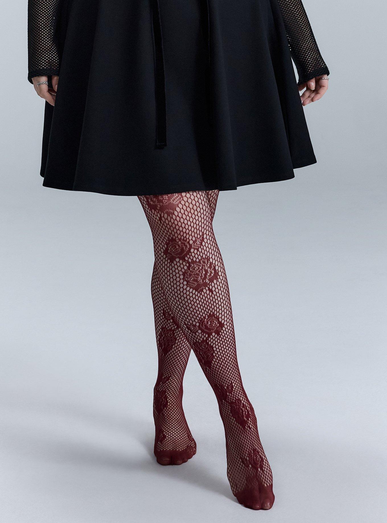 Nightfall Fishnet Floral Tights, BURGUNDY, alternate