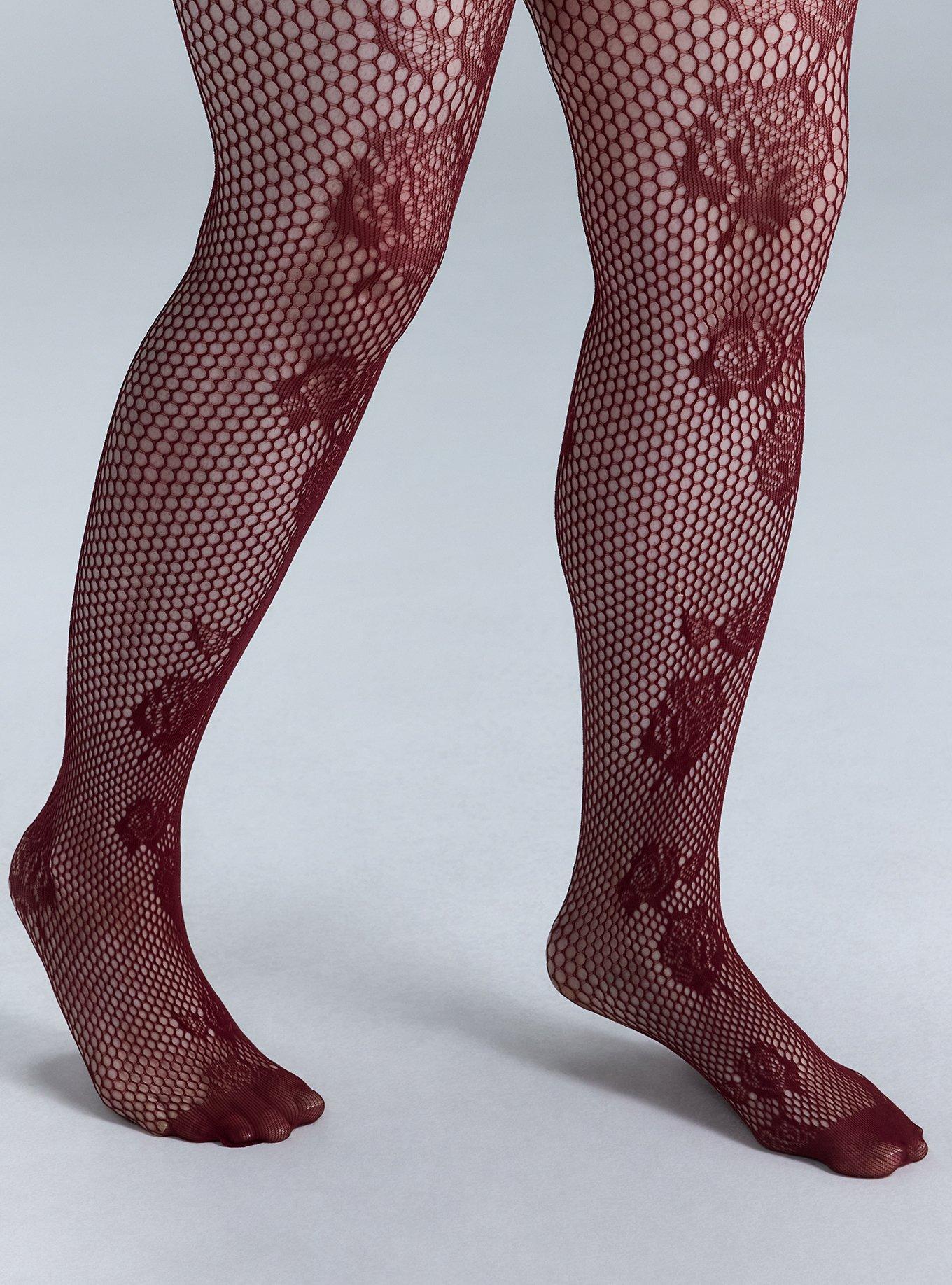 Nightfall Fishnet Floral Tights, BURGUNDY, alternate