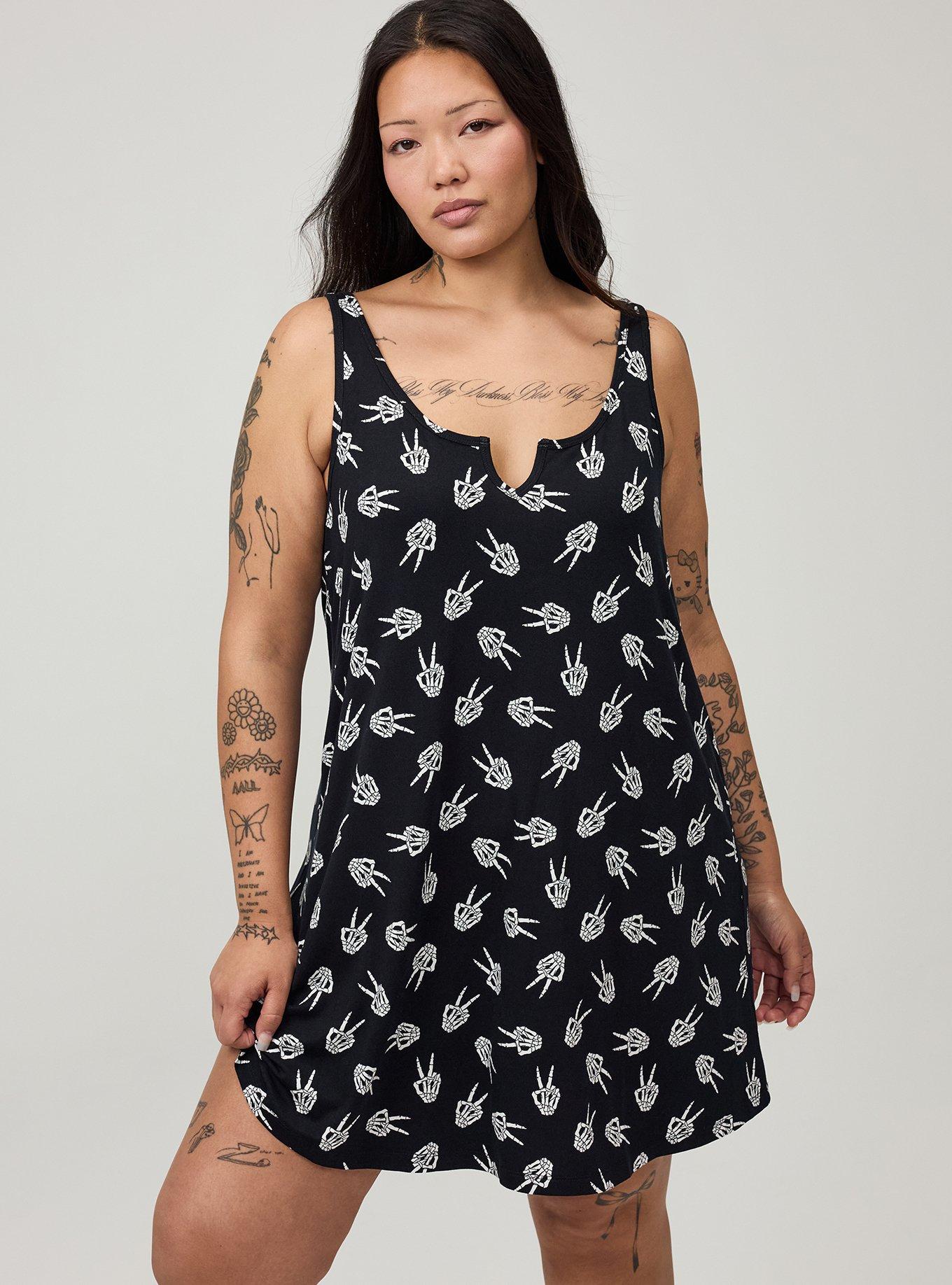 SUPER SOFT JERSEY NOTCH NECK SLEEP CHEMISE, PEACE SKELLY HANDS BLACK, hi-res