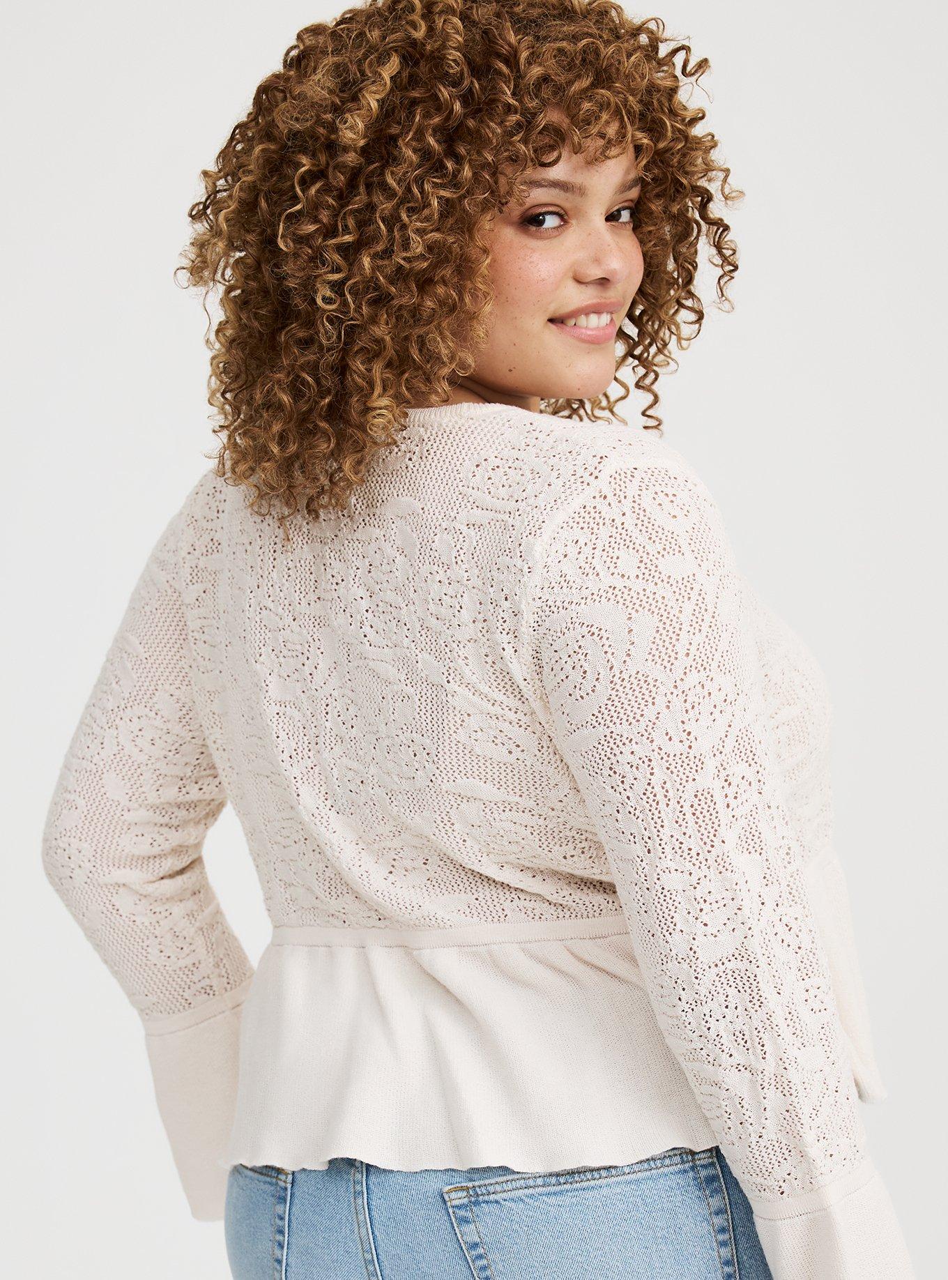 POINTELLE RUFFLE HEM TIE FRONT CARDIGAN