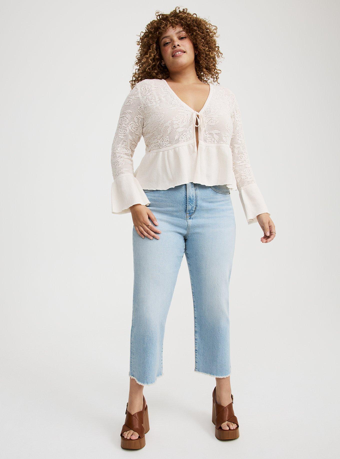POINTELLE RUFFLE HEM TIE FRONT CARDIGAN