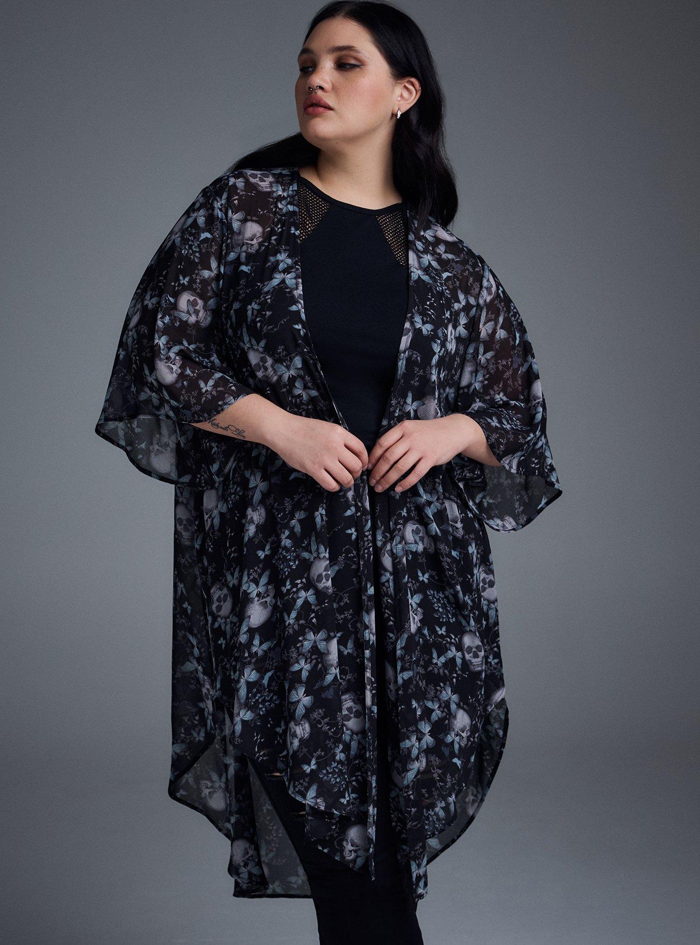 Nightfall Textured Chiffon Kimono, MONARCH SKULLS BLACK, hi-res