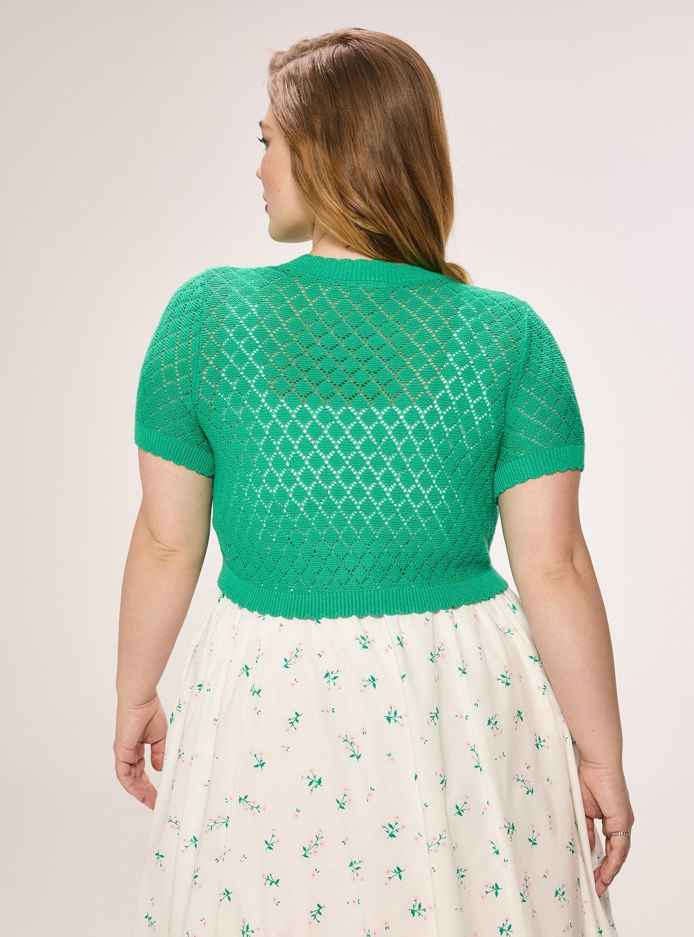 Retro Chic Scallop Edge Short Sleeve Cardigan, SIMPLY GREEN, alternate