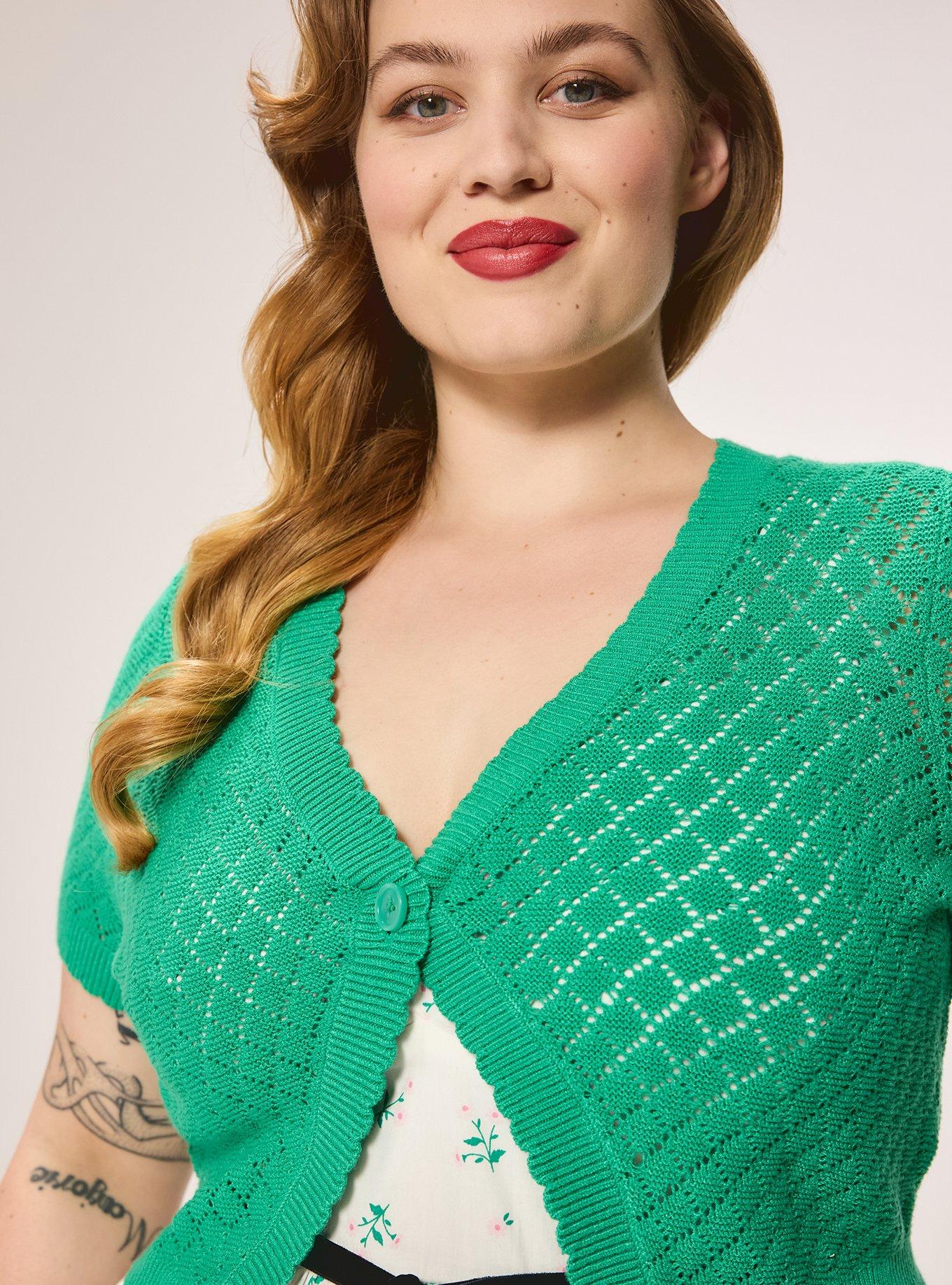 Retro Chic Scallop Edge Short Sleeve Cardigan, SIMPLY GREEN, alternate