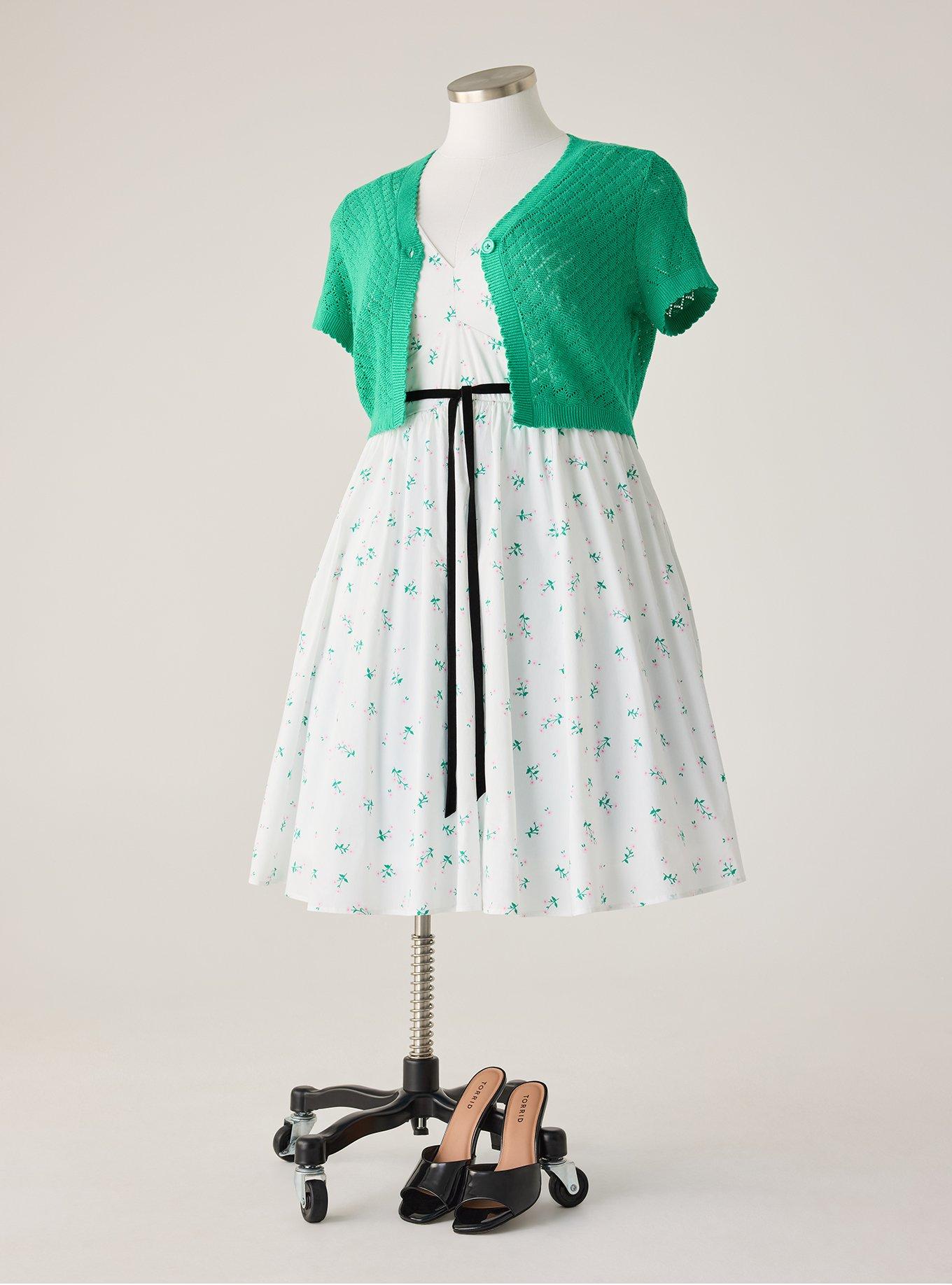Retro Chic Scallop Edge Short Sleeve Cardigan, SIMPLY GREEN, flat