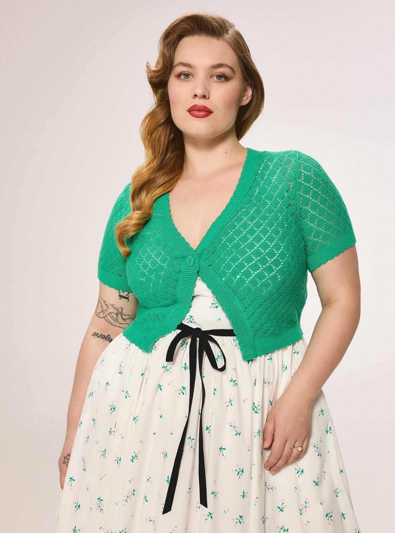 Retro Chic Scallop Edge Short Sleeve Cardigan, SIMPLY GREEN, hi-res
