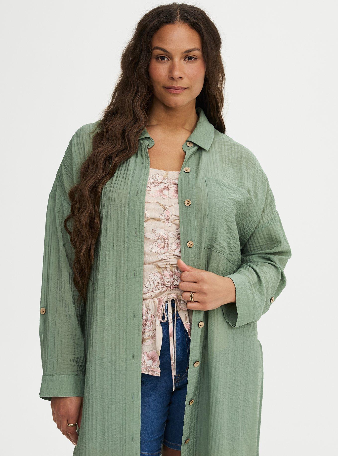 Long Button-Up Shirt Kimono, HEDGE GREEN, alternate