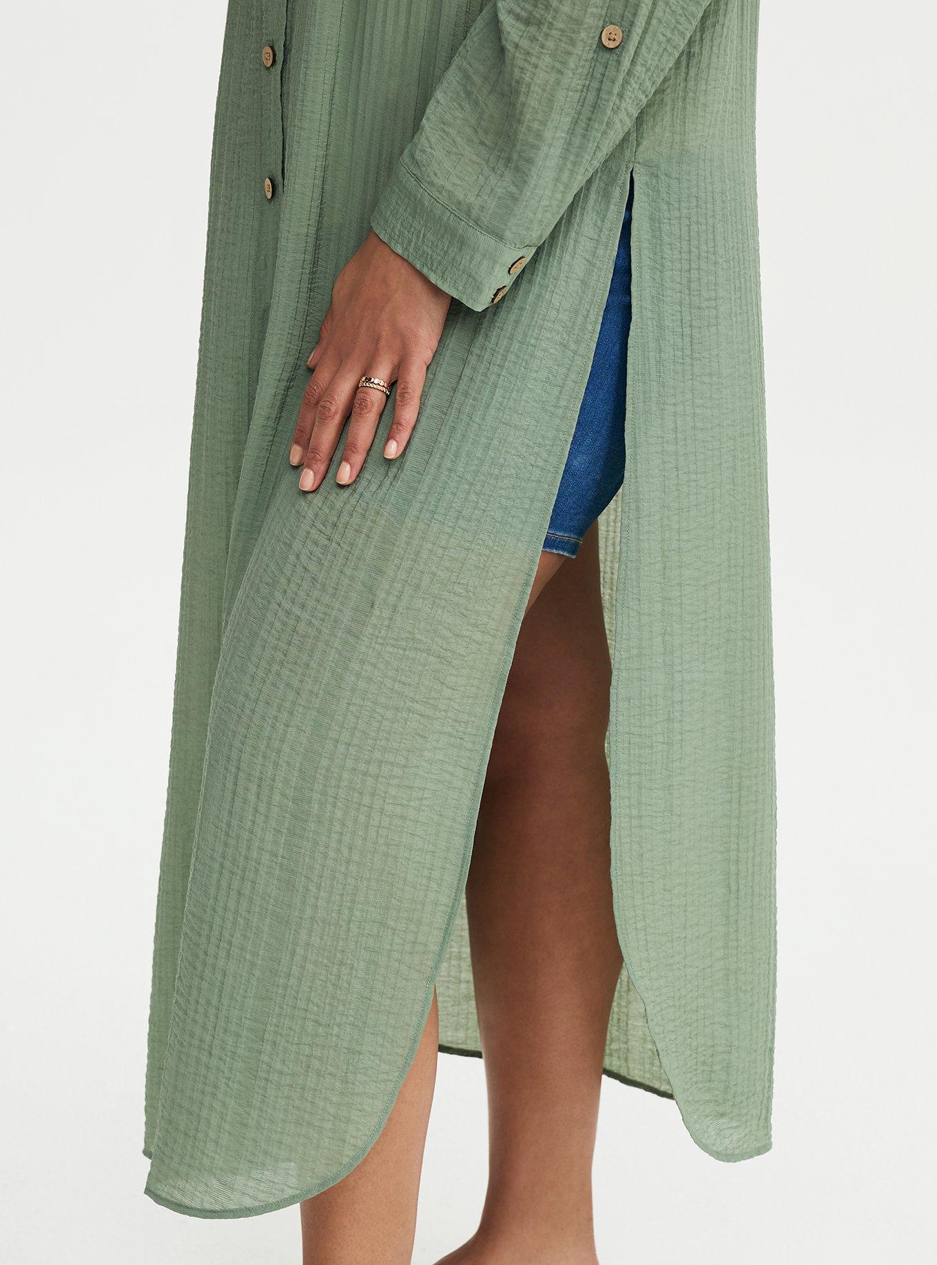 Long Button-Up Shirt Kimono, HEDGE GREEN, alternate