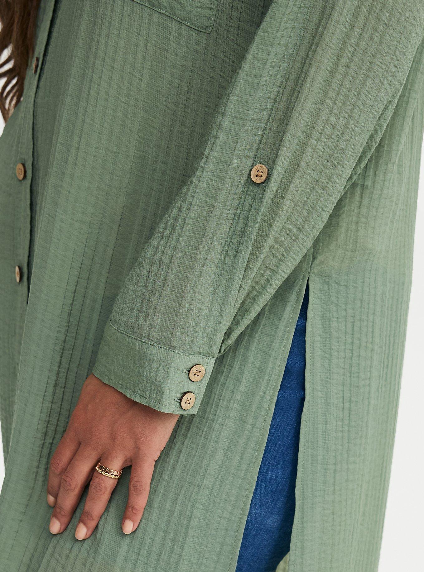 Long Button-Up Shirt Kimono, HEDGE GREEN, alternate