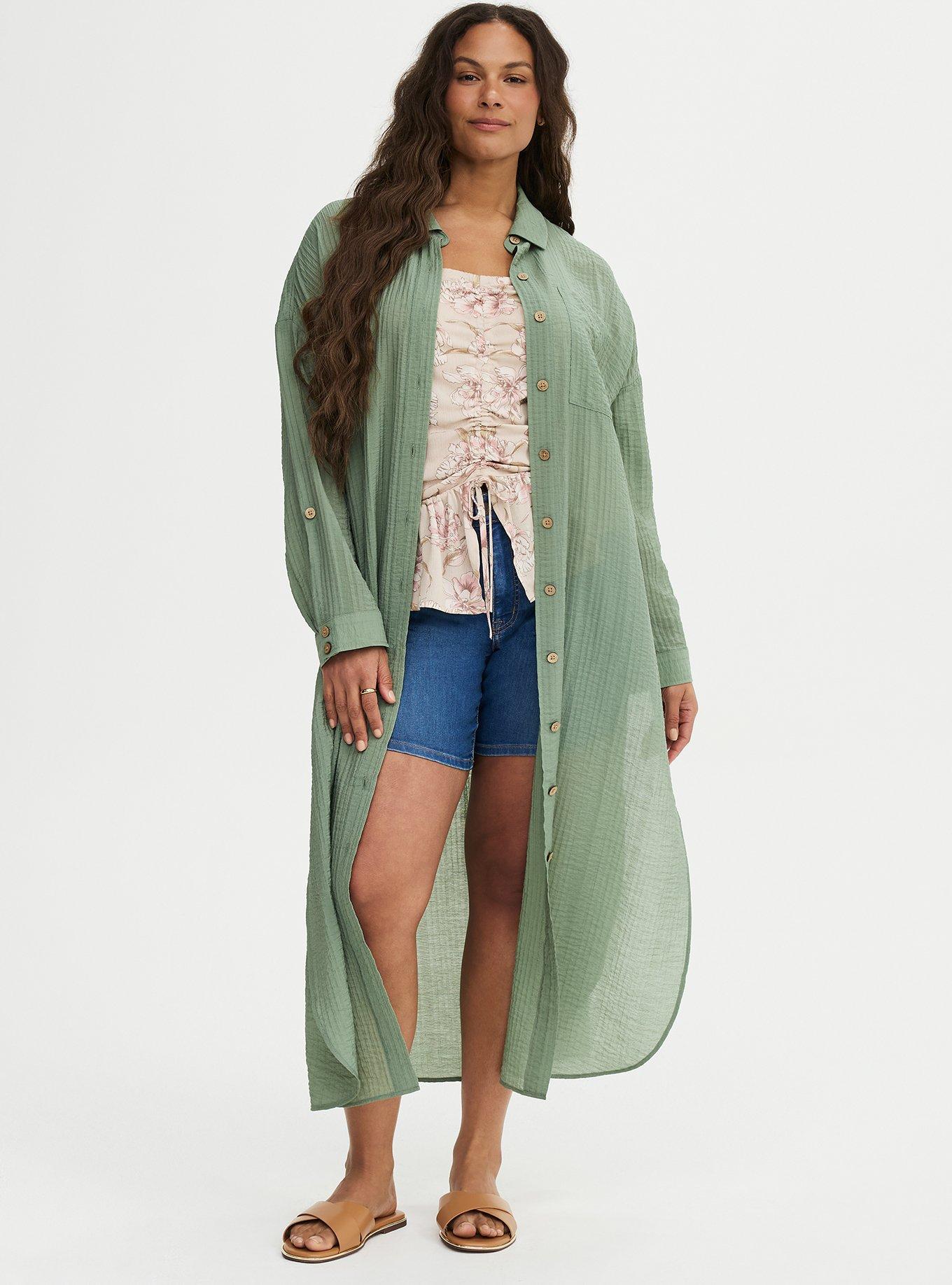 Long Button-Up Shirt Kimono, HEDGE GREEN, hi-res