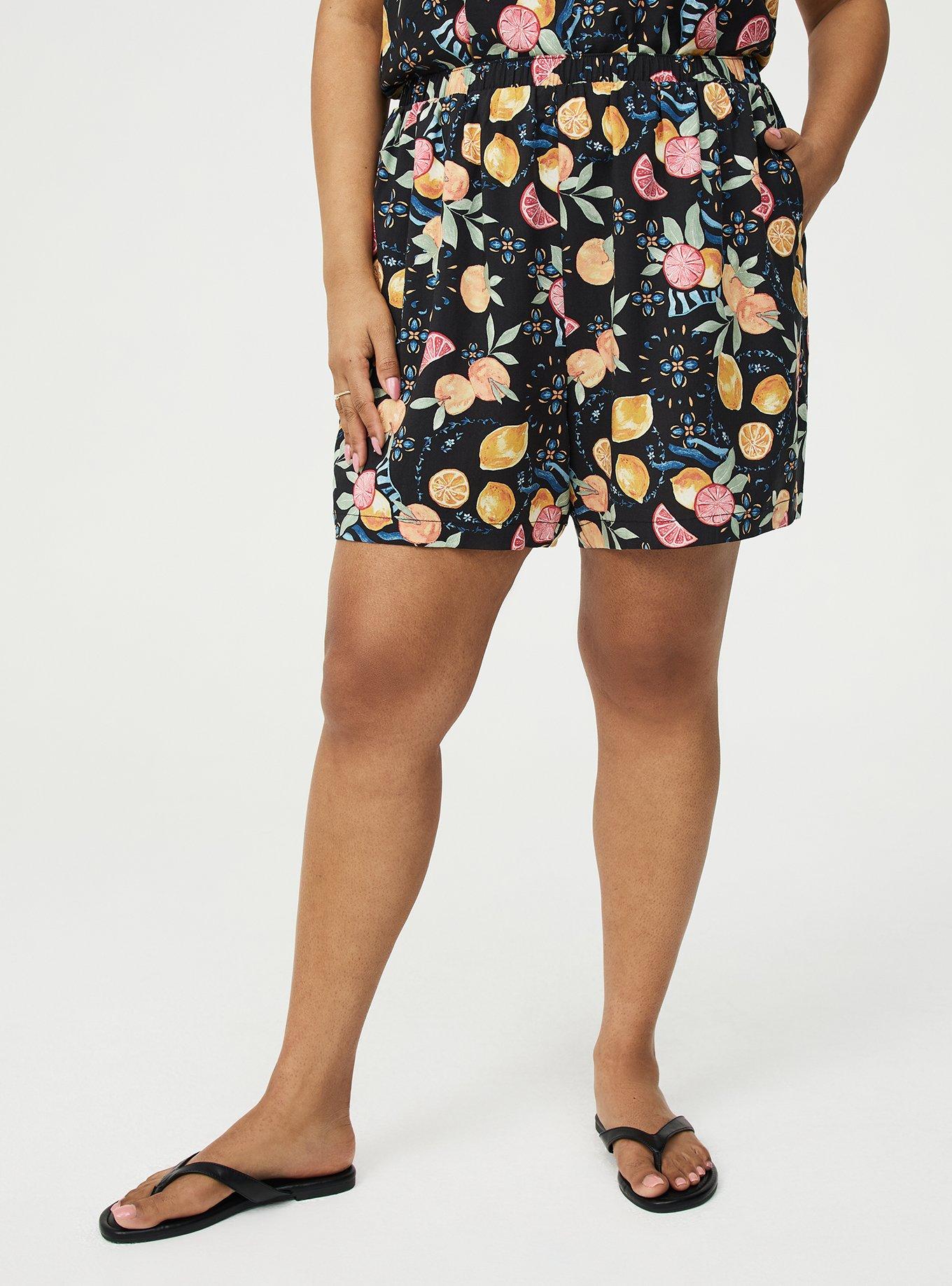 Pull-On Washable Challis Short, FRUITY PICNIC BLACK, hi-res