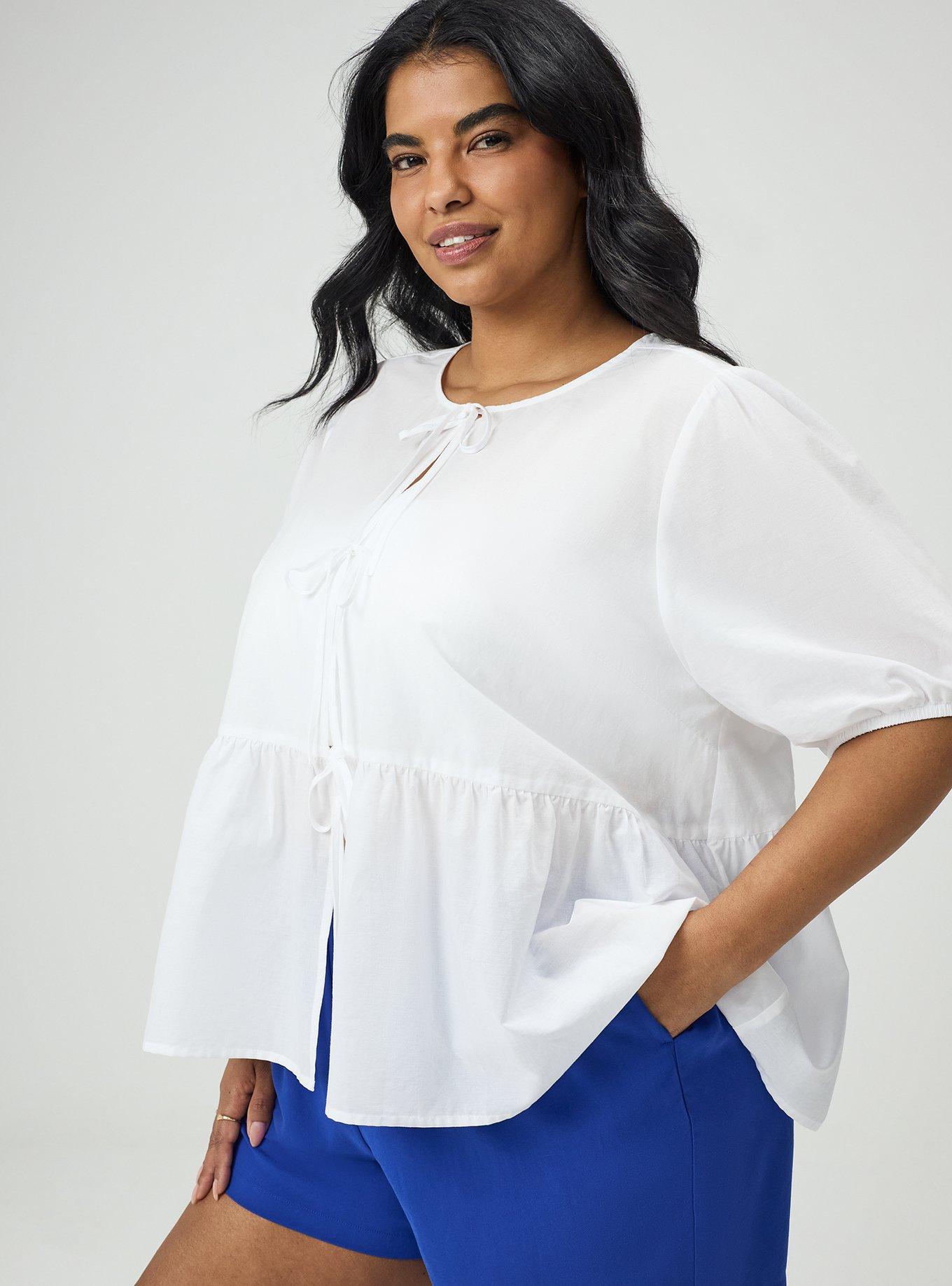 Cotton Puff Sleeve Tie Front Top, BRIGHT WHITE, alternate