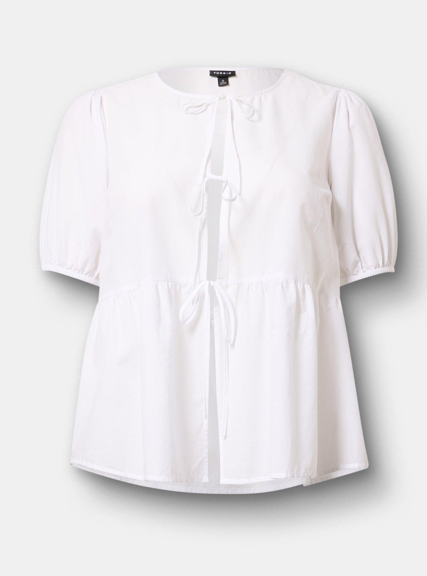 Cotton Puff Sleeve Tie Front Top, BRIGHT WHITE, flat