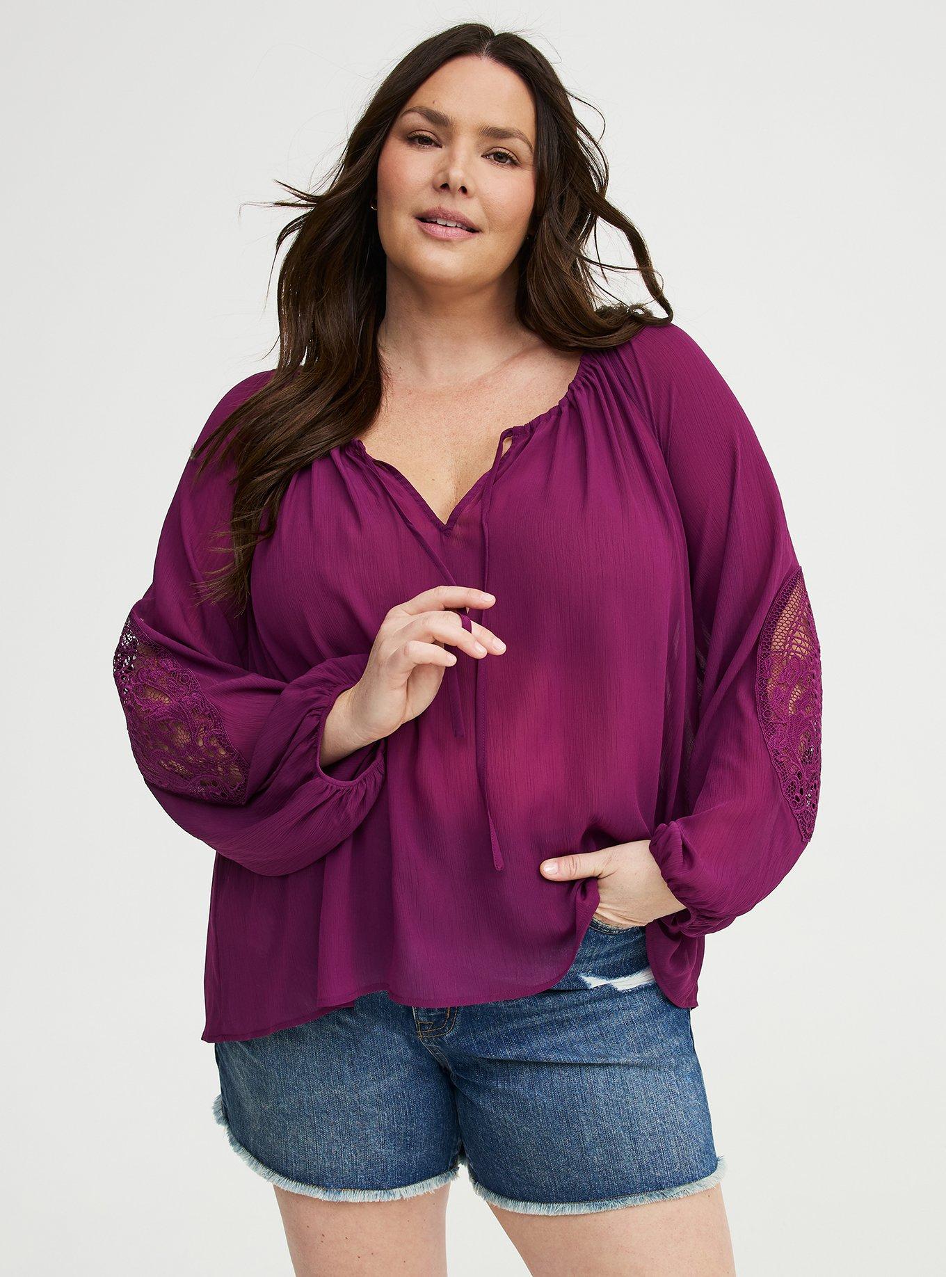 Lace Inset Chiffon Top, PLUM CASPIA, hi-res