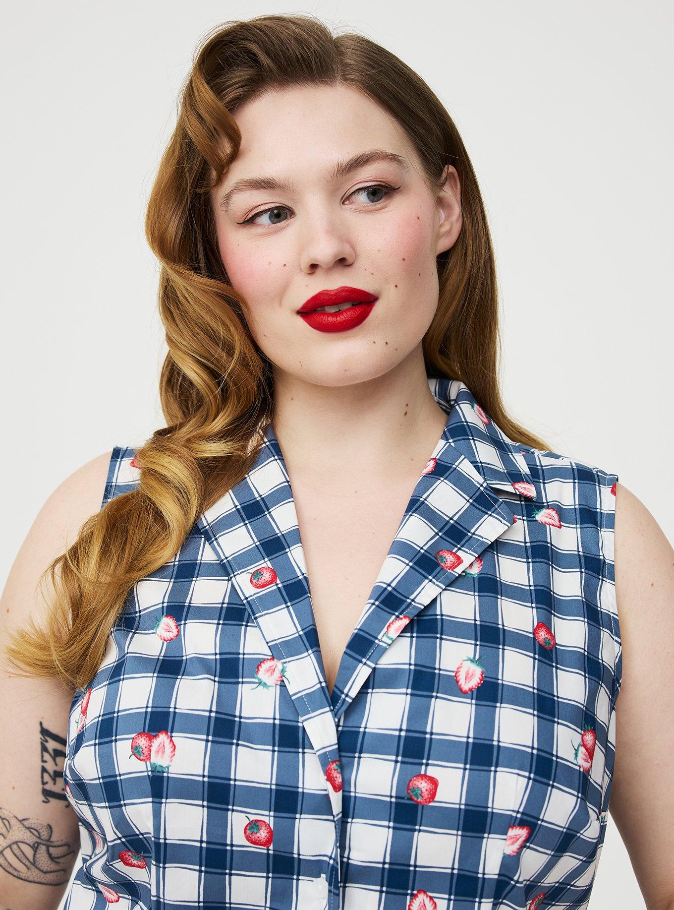 Retro Chic Tie-Front Button Up, STRAWBABIES PLAID BLUE, alternate