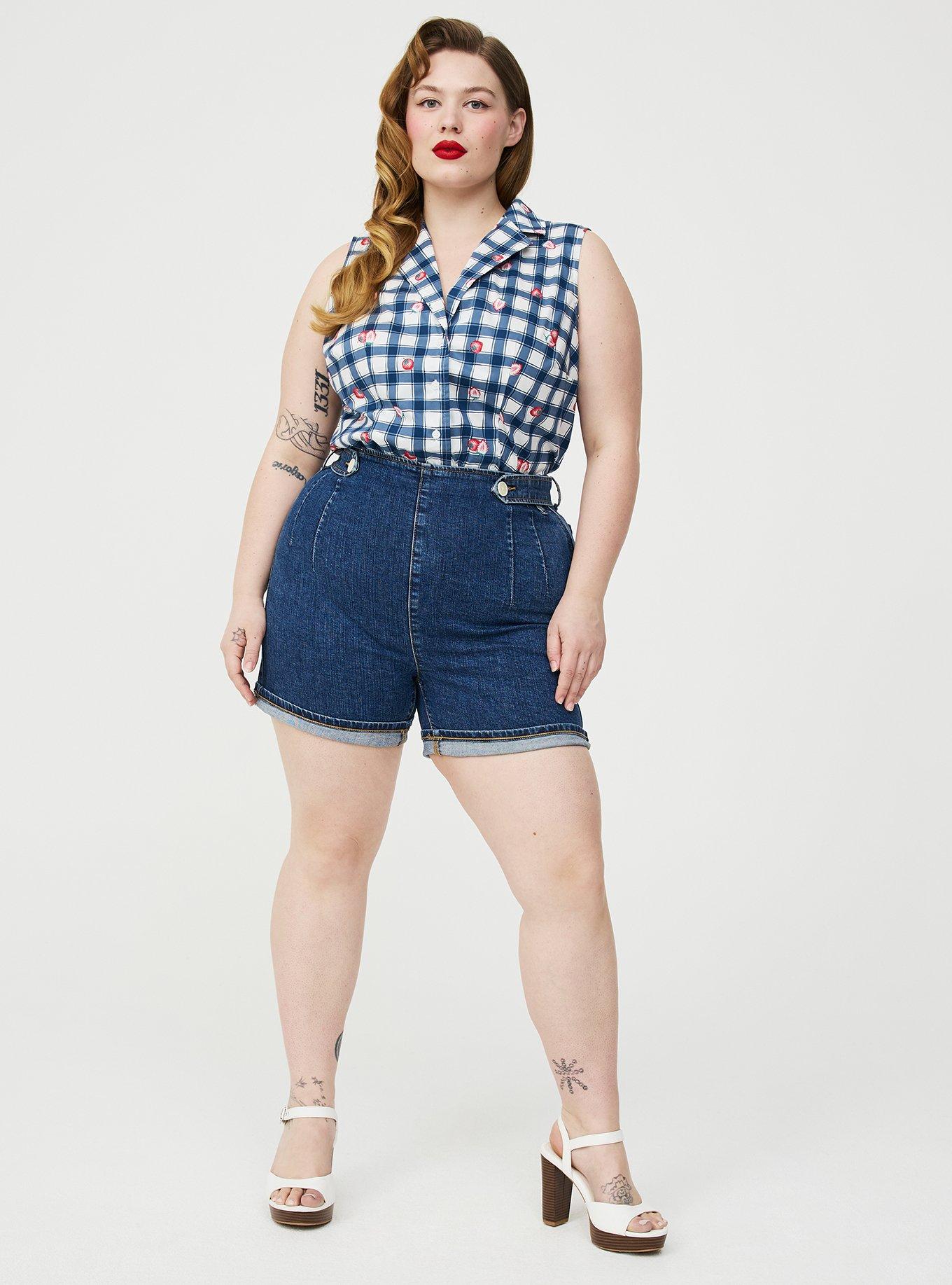 Retro Chic Tie-Front Button Up, STRAWBABIES PLAID BLUE, alternate