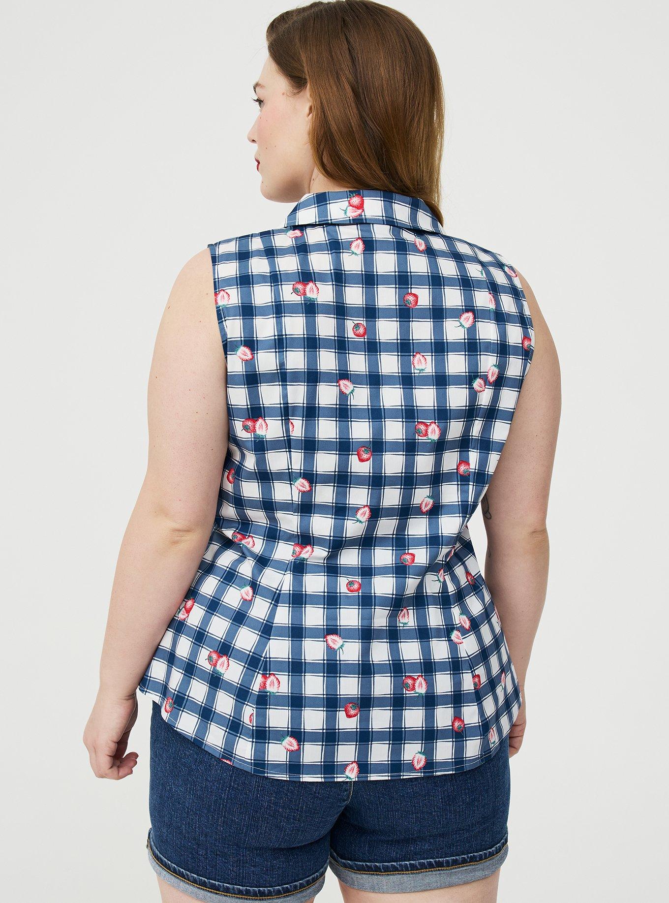 Retro Chic Tie-Front Button Up, STRAWBABIES PLAID BLUE, alternate